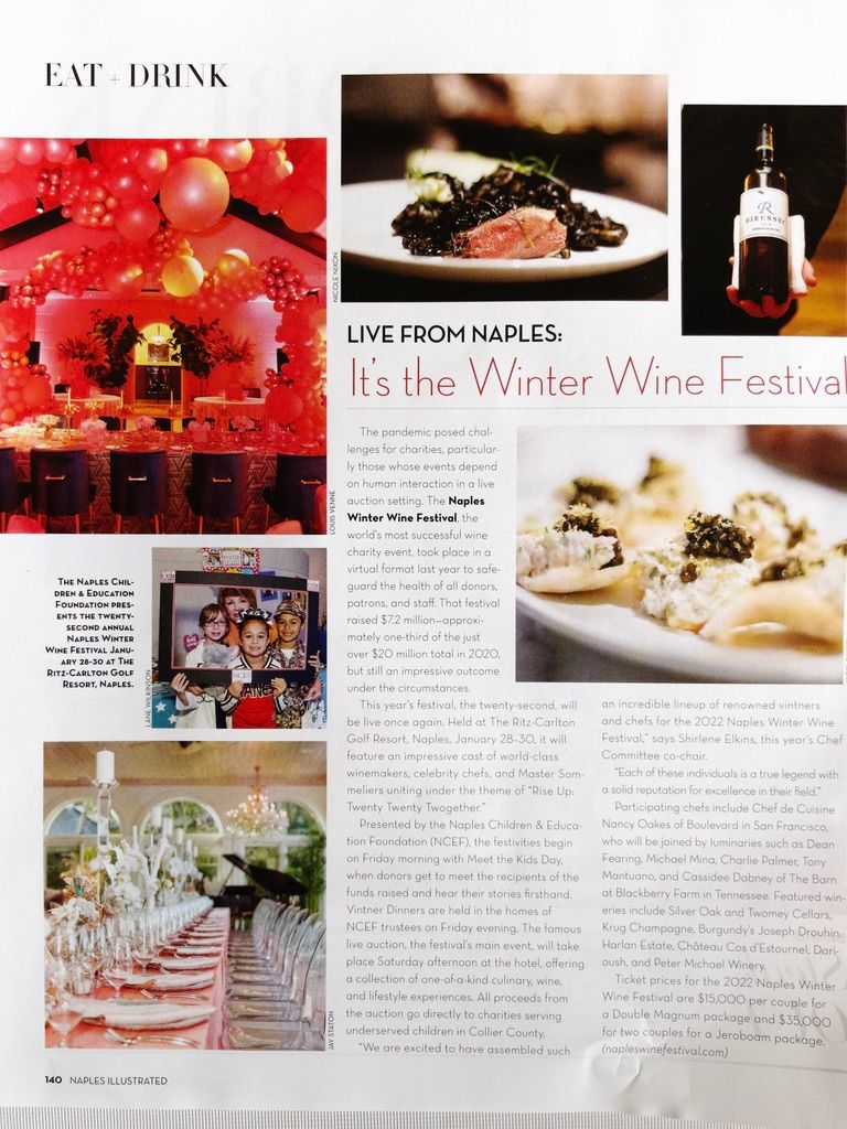 Naples Illustrated Eat and Drink spread covering the Naples Winter Wine Festival charity event.