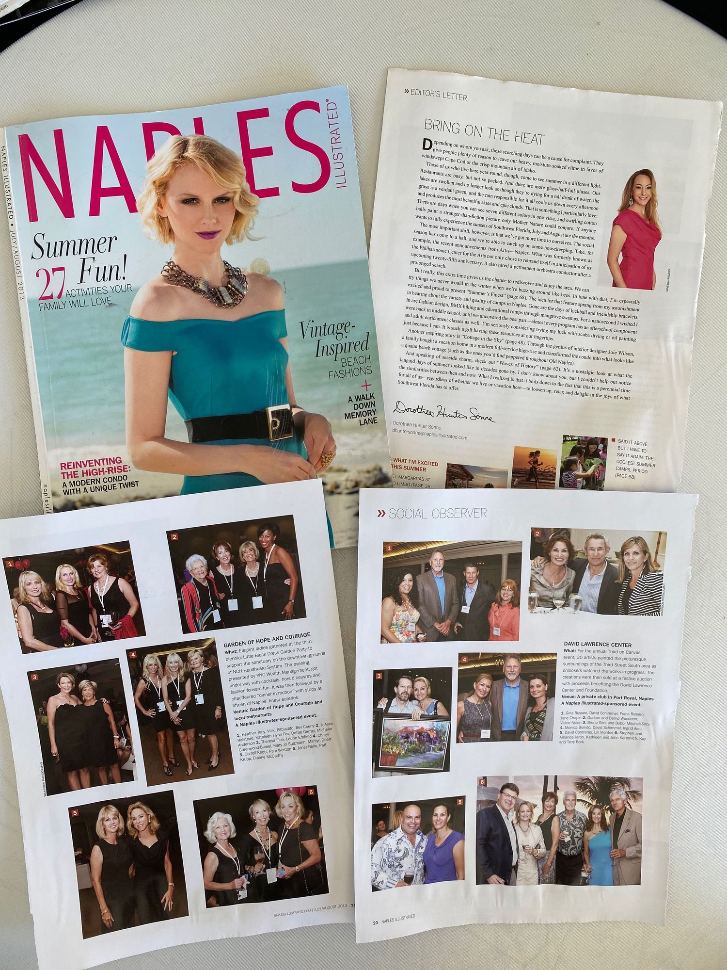 Naples Magazine summer issue with cover and interior pages showing social events and fashion spreads.