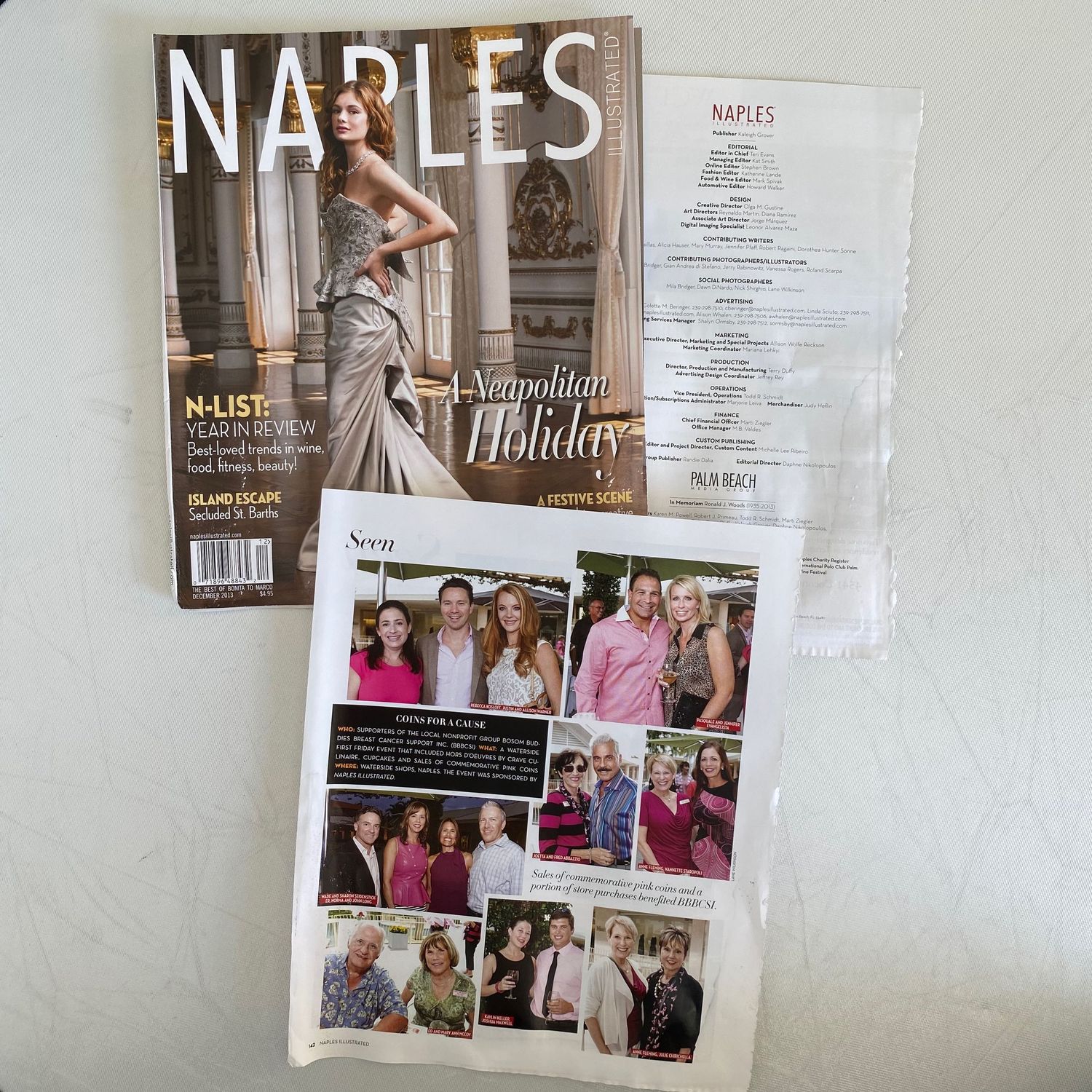 Naples Magazine Neapolitan Holiday issue with Seen section social photos spread open.