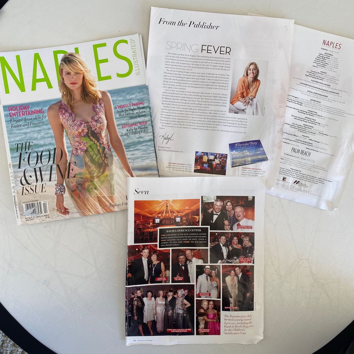 Naples Magazine Food and Wine issue with Spring Fever publisher letter and Seen pages.