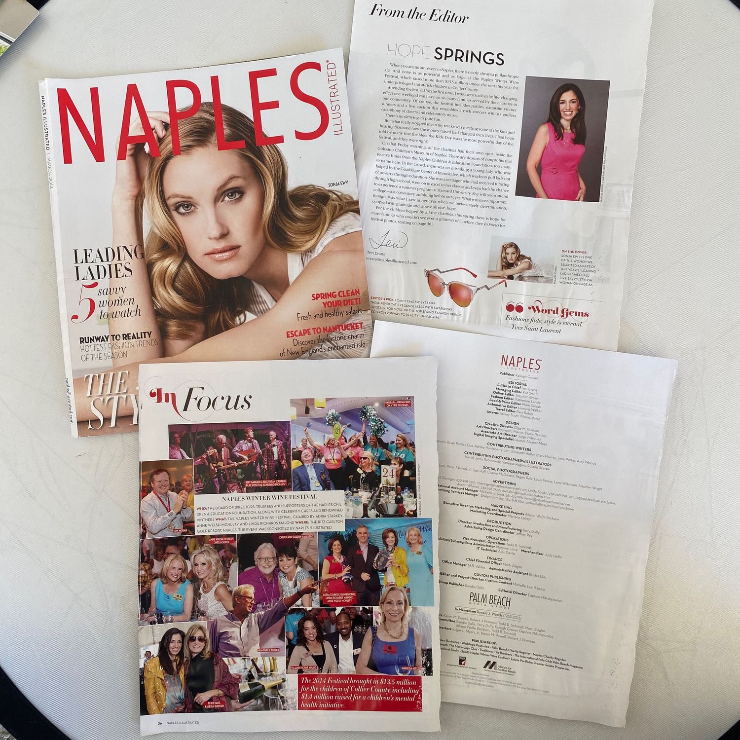 Naples Magazine Leading Ladies issue with Springs editor letter and In Focus social pages.