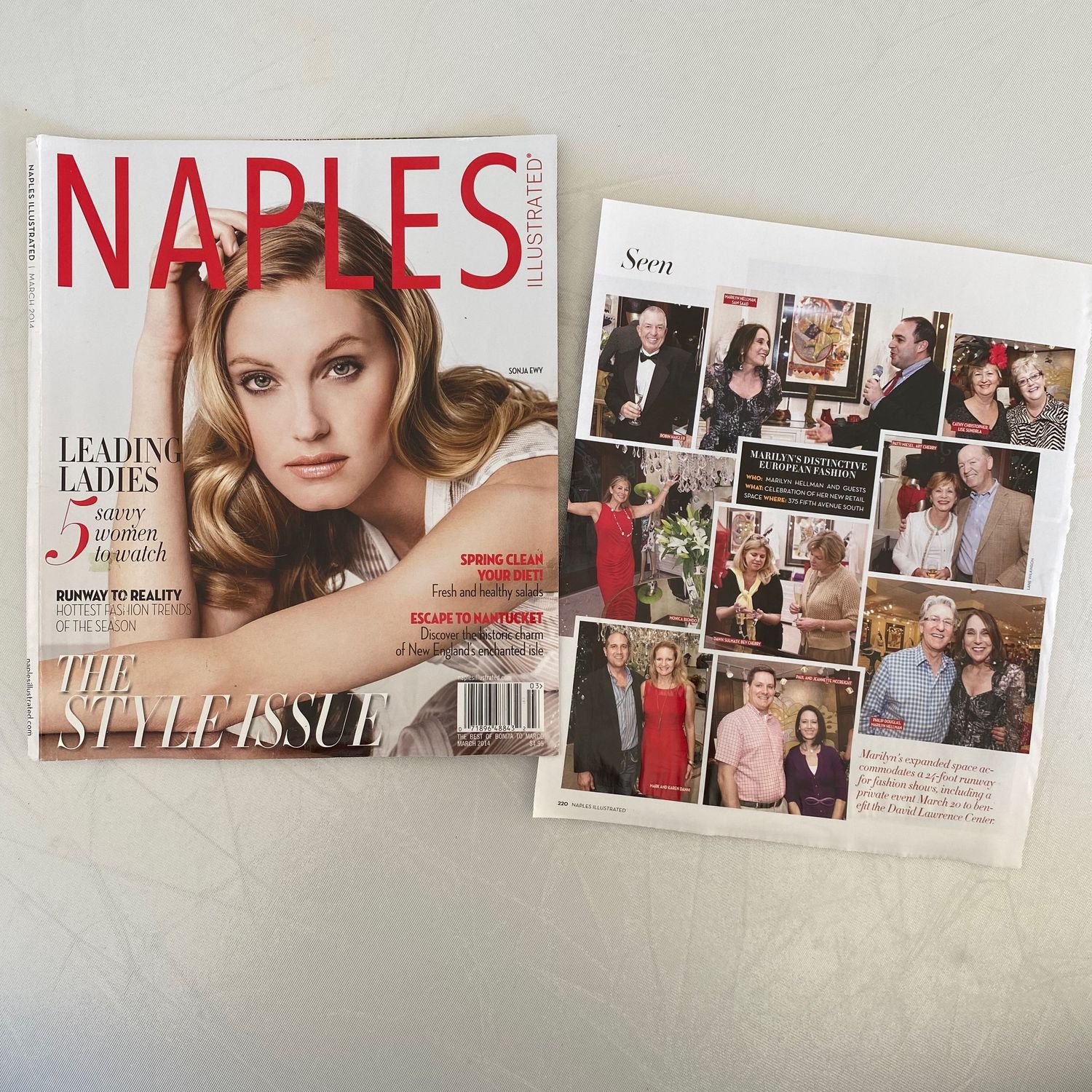 Naples Illustrated Style Issue magazine with blonde woman on cover, displayed with open society pages.
