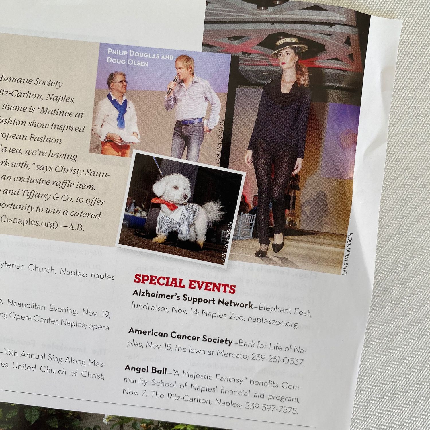 Naples Magazine interior page showing special events listings and fashion show photos.