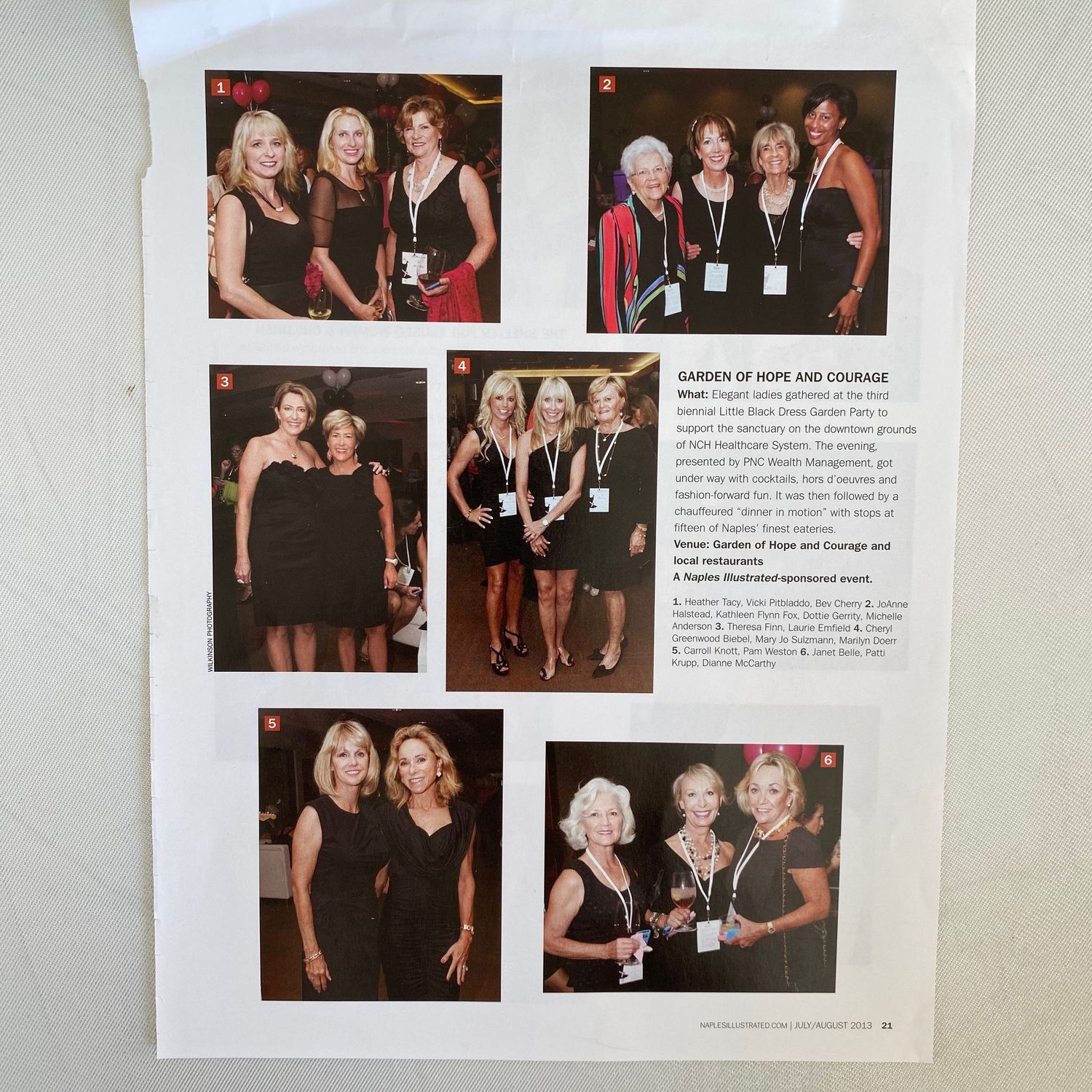 Magazine page featuring Garden of Hope and Courage event photos with women in black dresses.