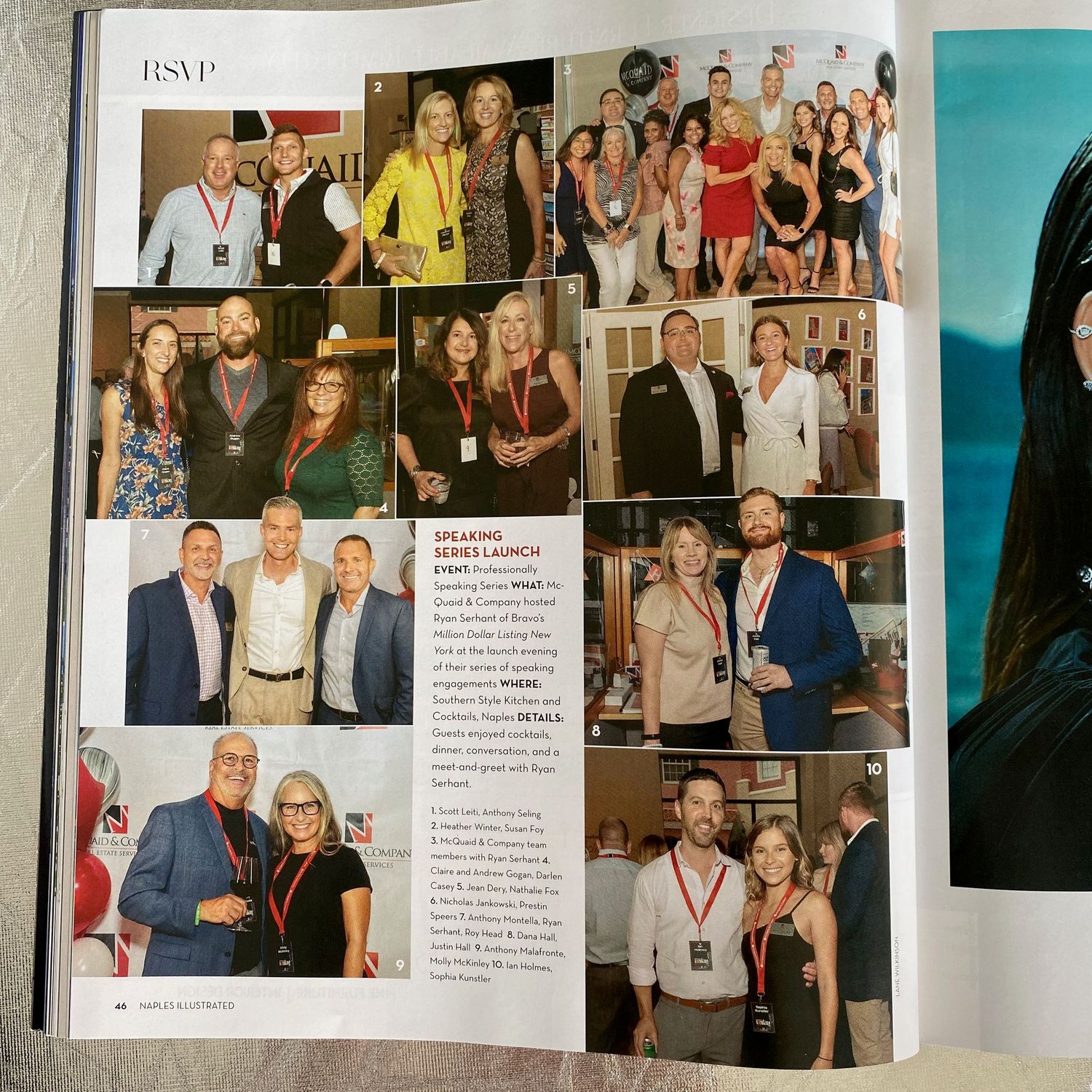 Naples Illustrated RSVP page showing Speaking Series Launch event photos with attendees wearing lanyards.