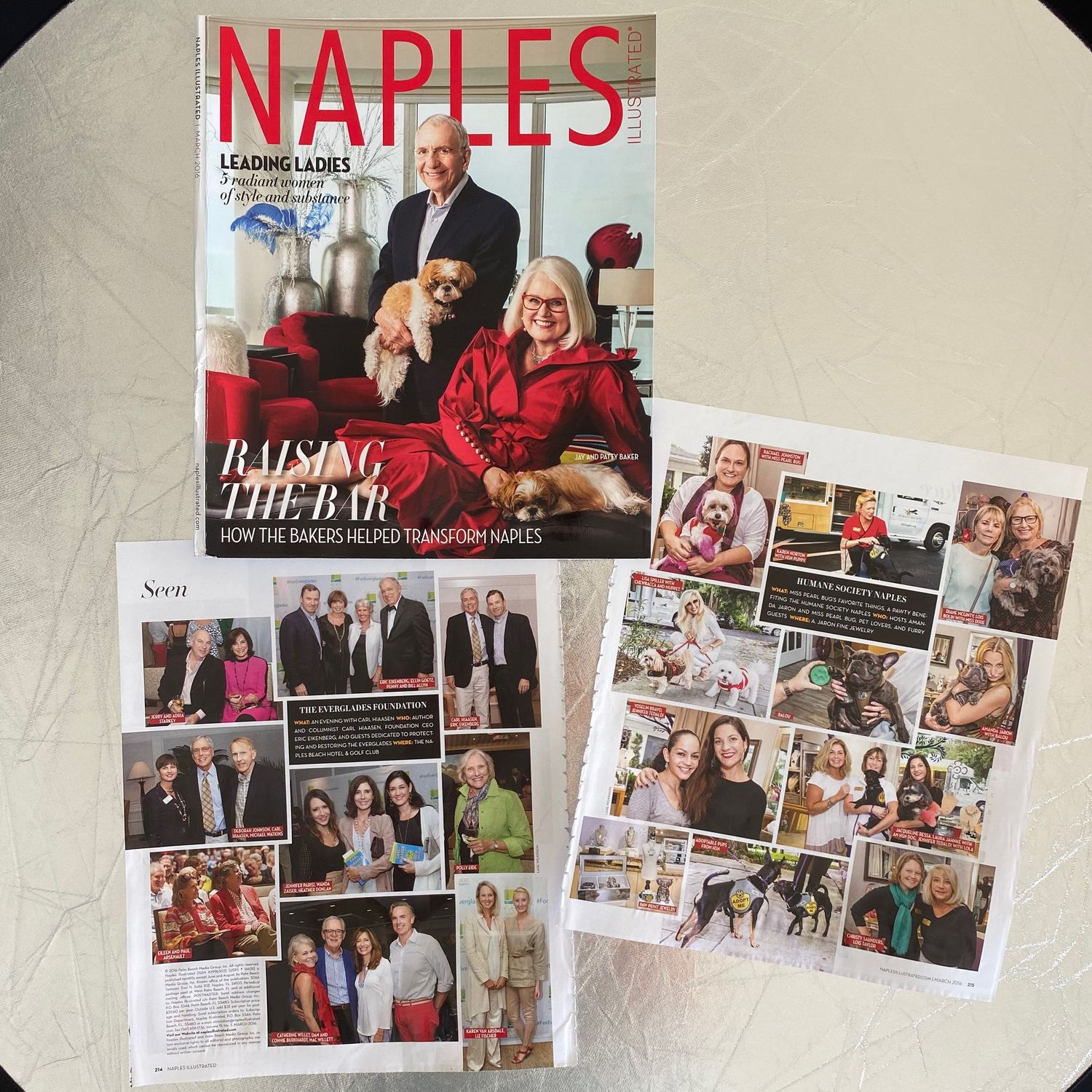 Naples Illustrated Leading Ladies issue with couple and dog on cover beside Seen section pages.
