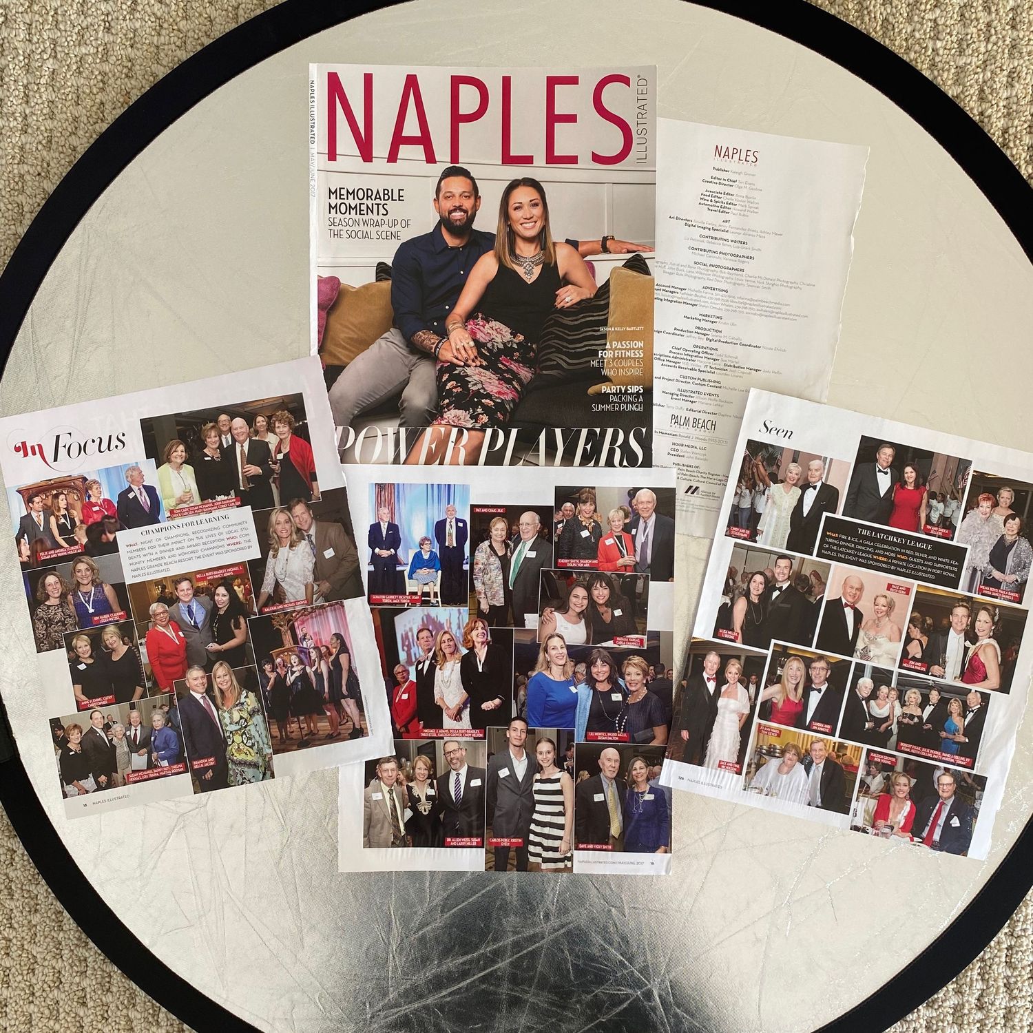 Naples Illustrated Power Players issue with couple on cover displayed beside In Focus event pages.