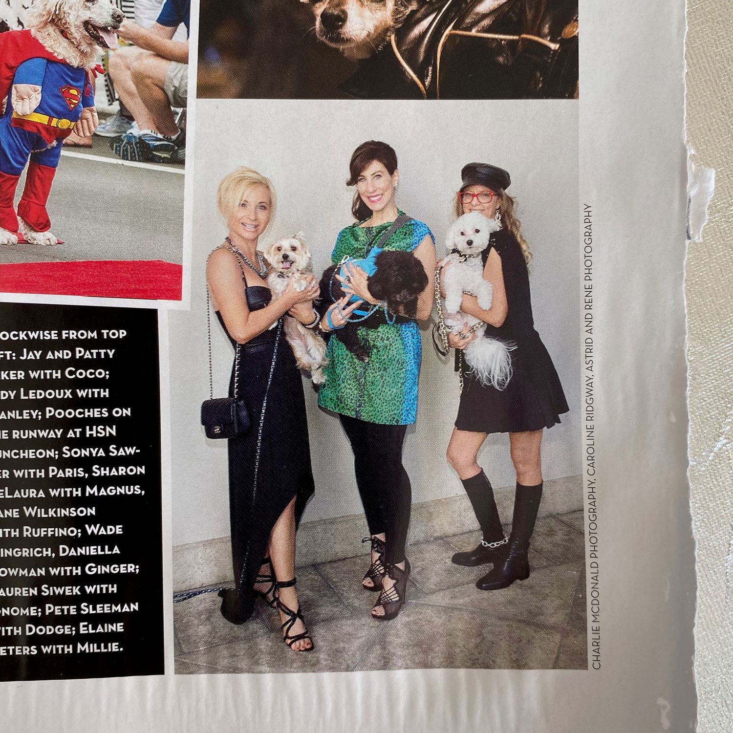 Three women pose with small dogs at a Naples Illustrated magazine social event featuring pets.