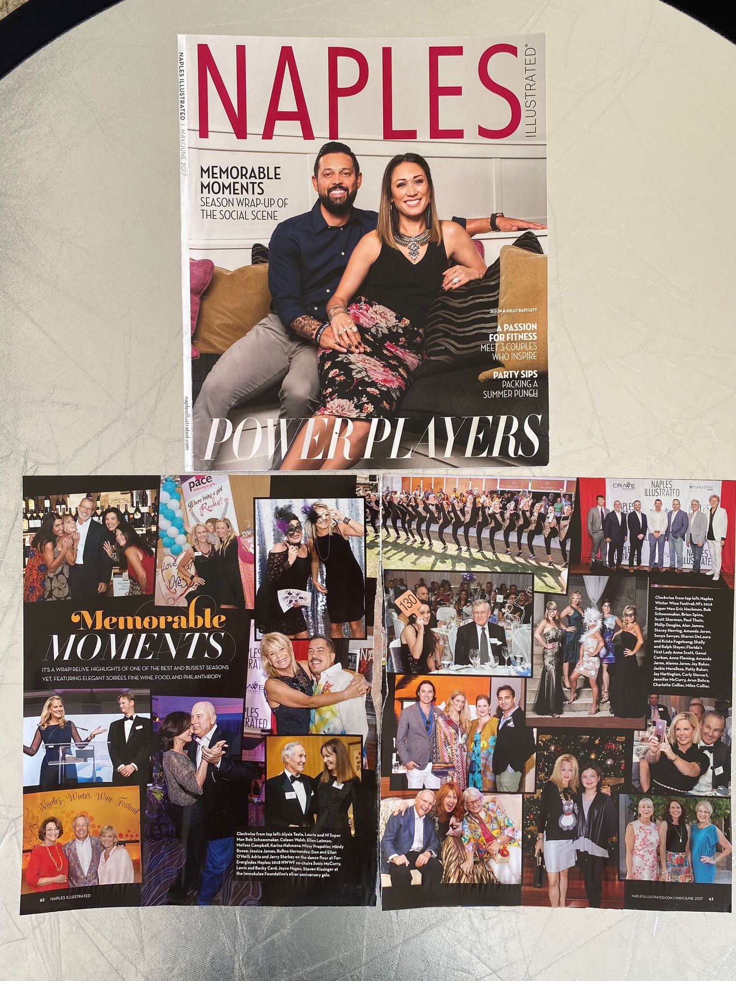 Naples Illustrated Power Players issue displayed with Memorable Moments photo spread pages open.