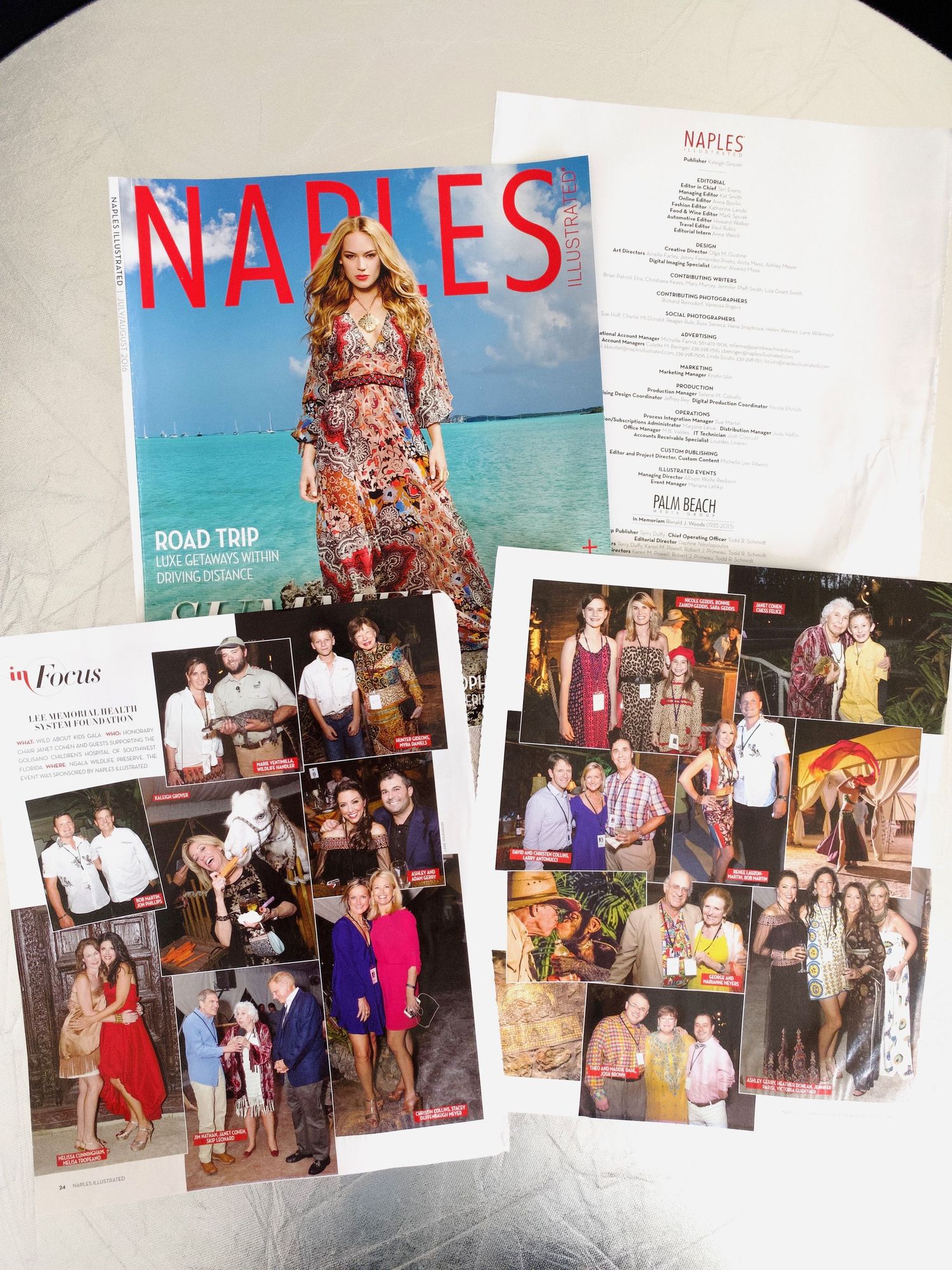 Naples Illustrated Road Trip issue displayed with In Focus social event photo pages spread out.
