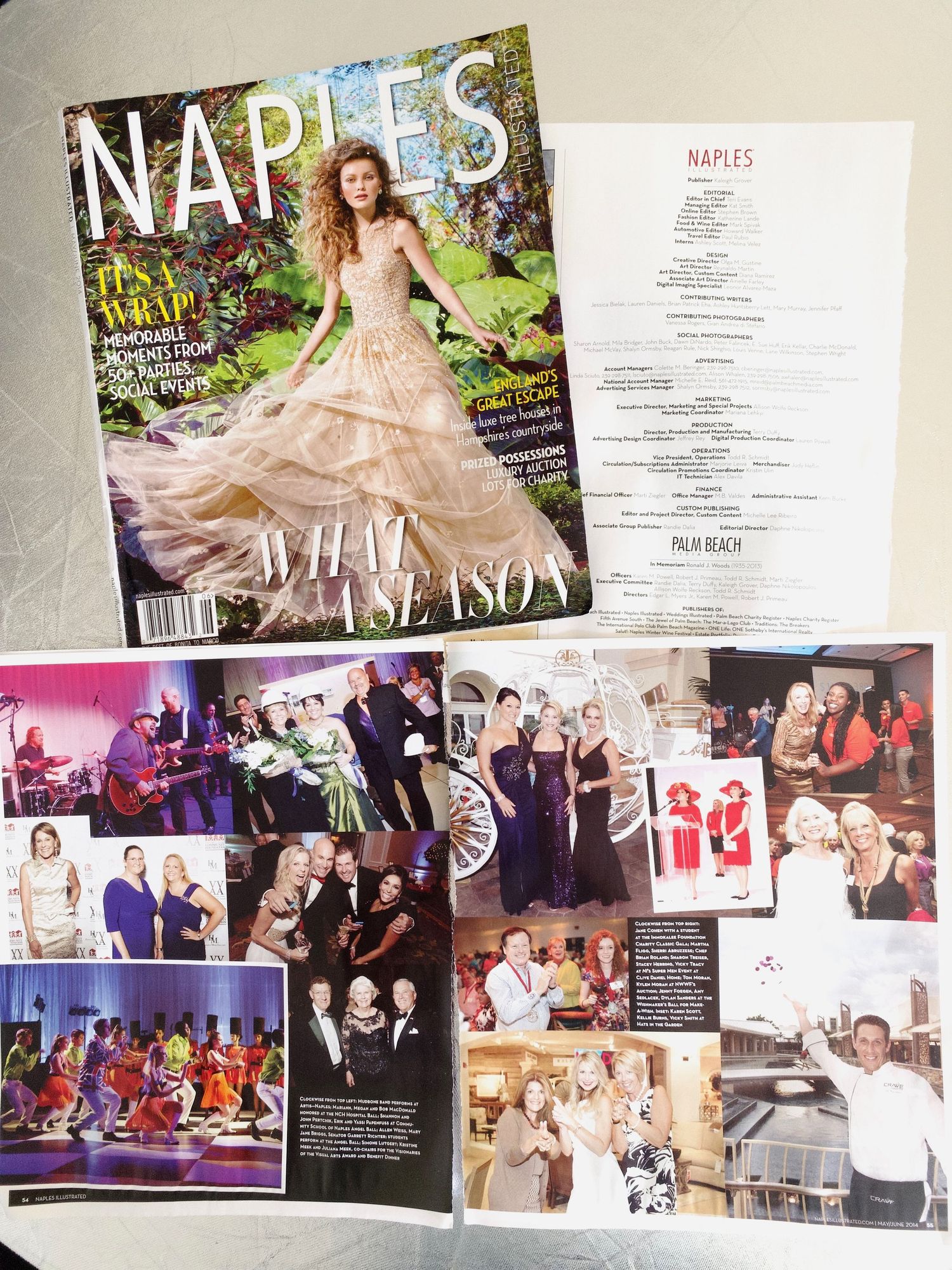 Naples Illustrated What A Season issue displayed with colorful social event photo spreads open.