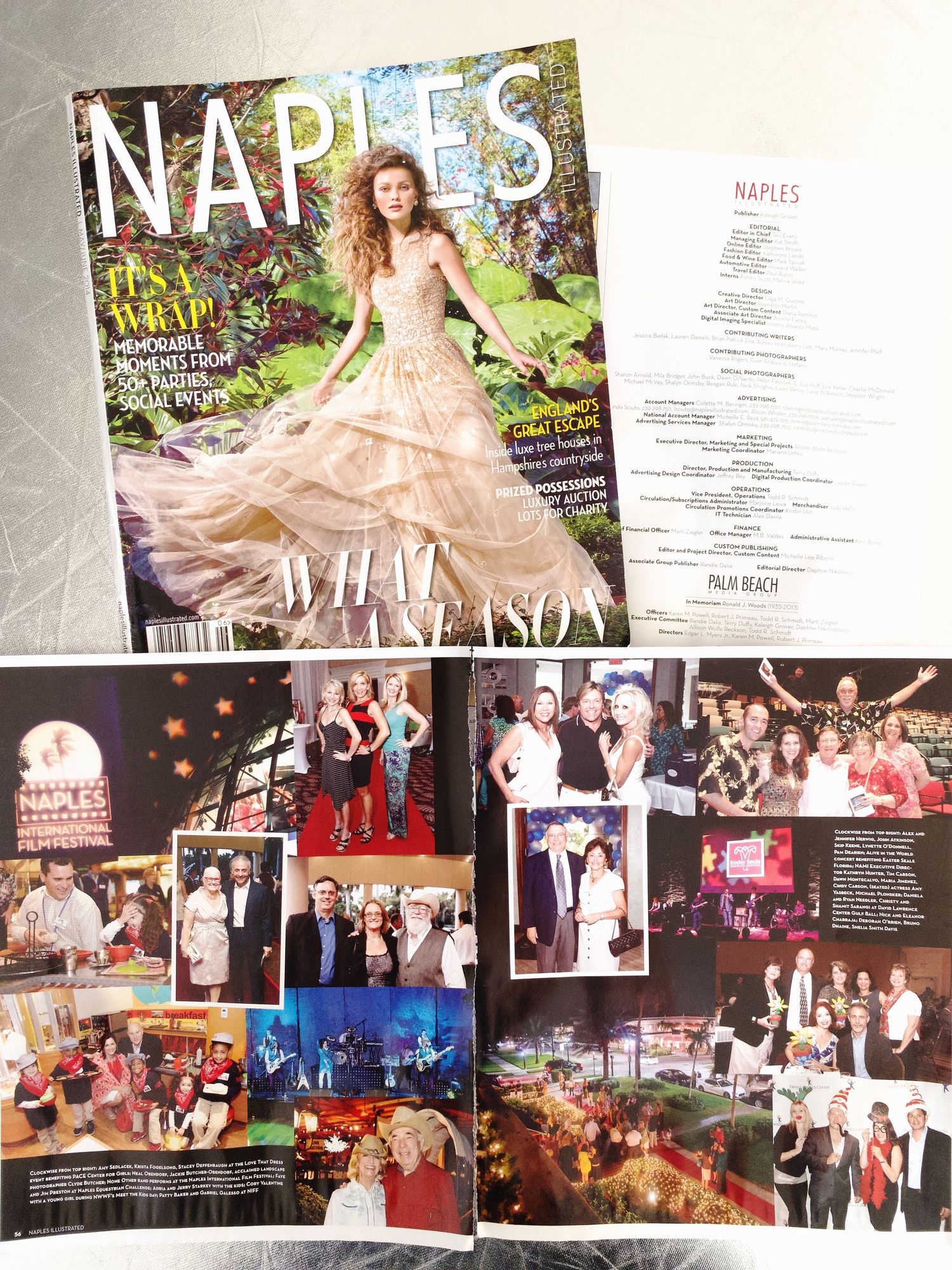 Naples Illustrated magazine cover featuring a woman in a gold gown with social event photo spreads displayed.