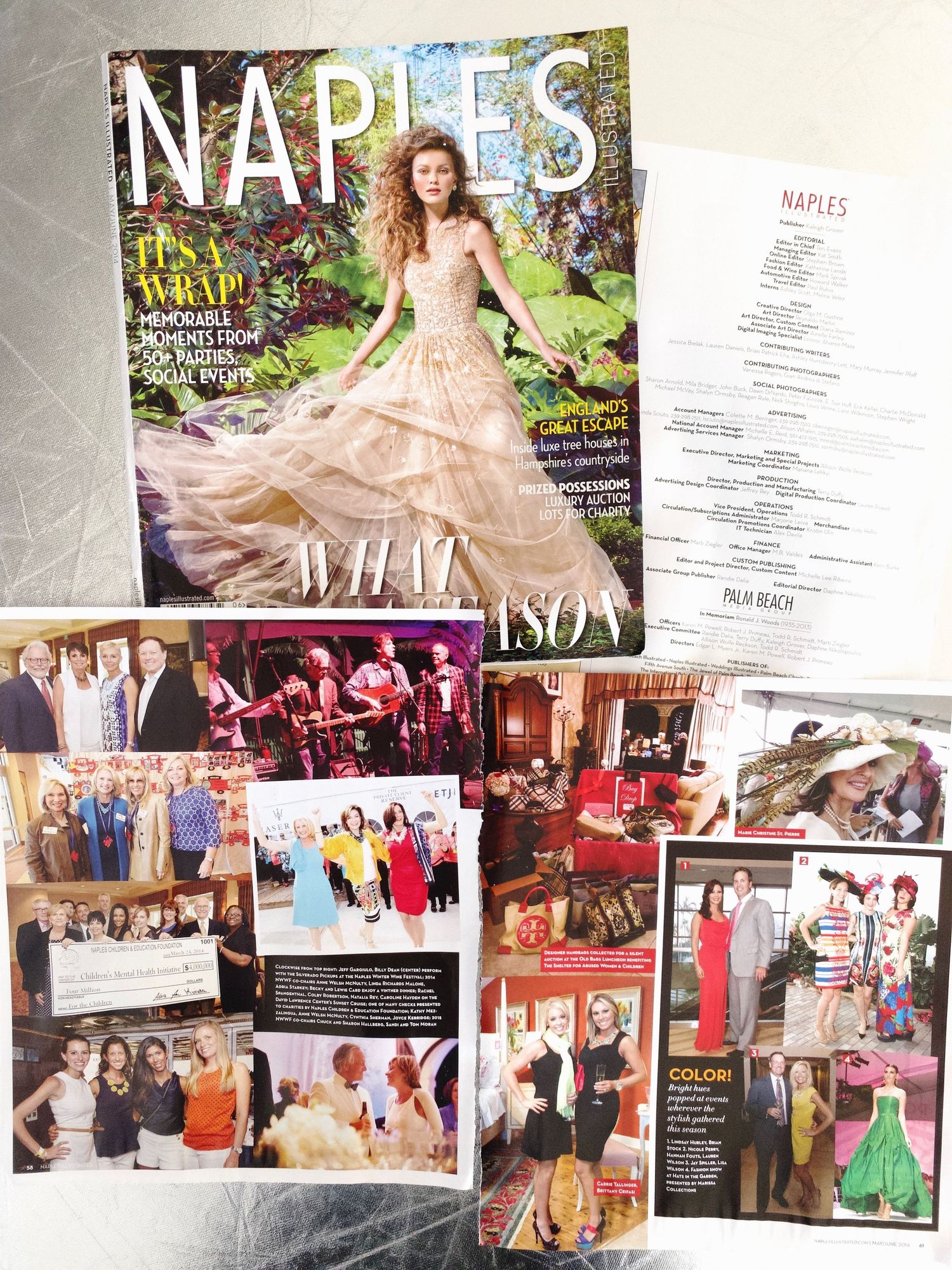 Naples Illustrated magazine with colorful social event and fashion photo spreads fanned out beside it.