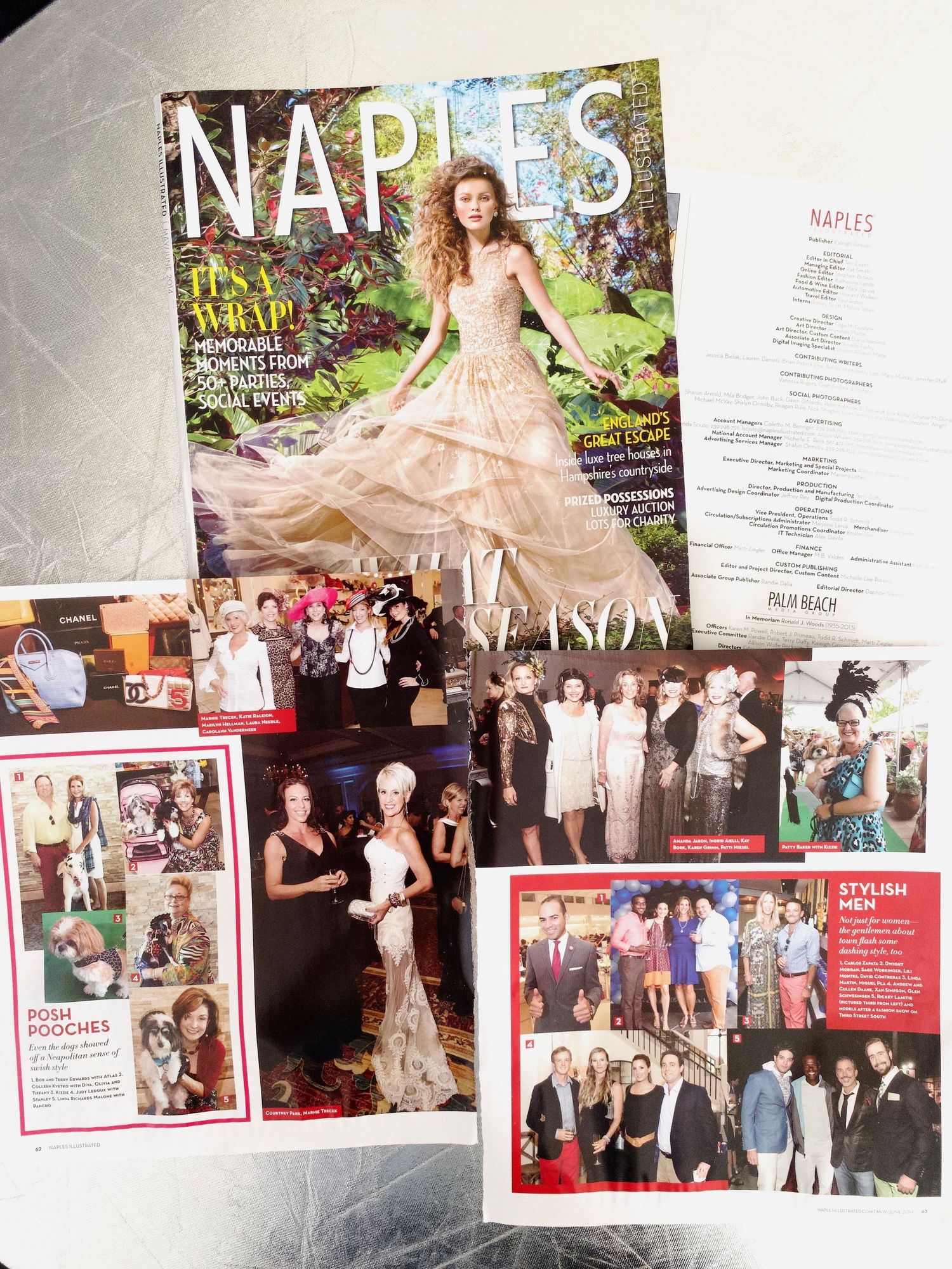 Naples Illustrated magazine displayed with interior spreads showing Bose Pooches and Stylish Men features.