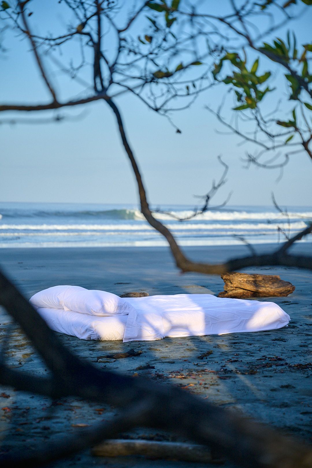 White mattress and pillow on a sandy beach under tree branches with ocean waves in the background.