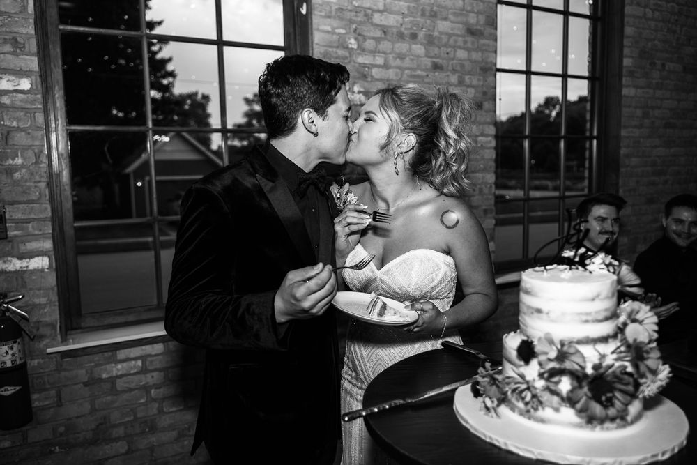A black and white photo collage showing multiple wedding reception moments with cake, dancing, and celebration.