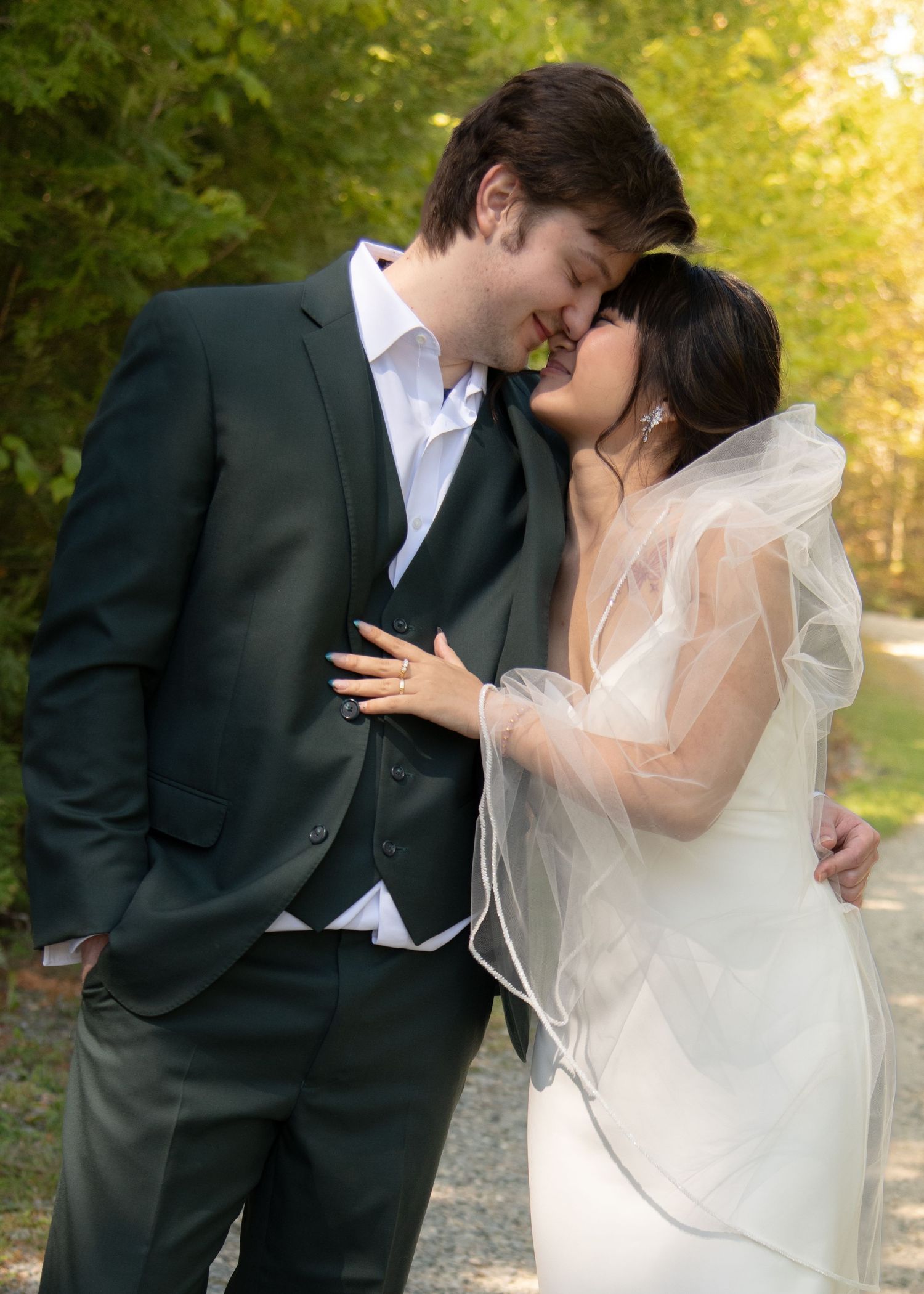 A romantic wedding photo sequence showing a couple in formal attire embracing outdoors.