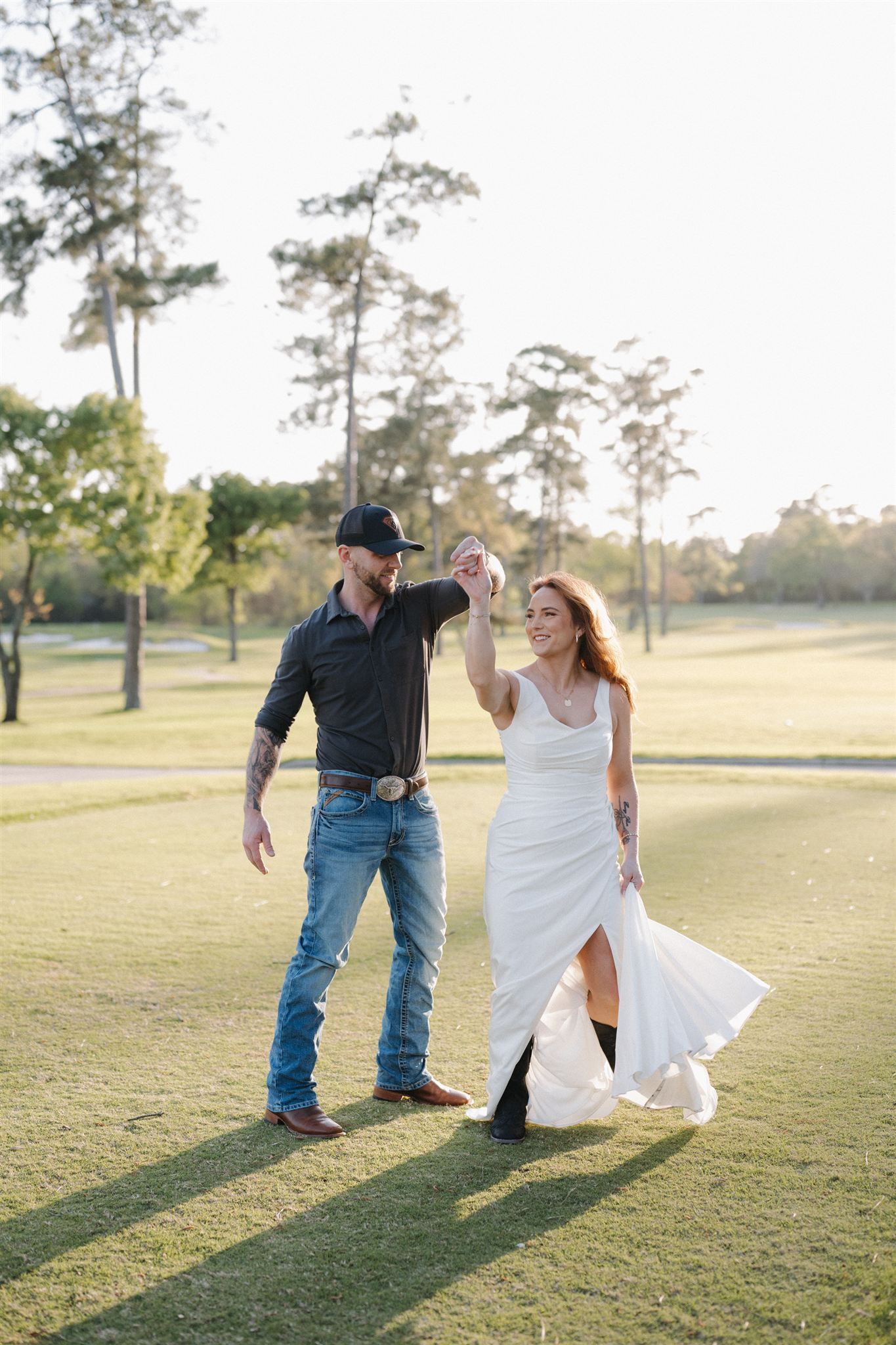 A playful sequence of dance moves captured in a grassy field during golden hour.