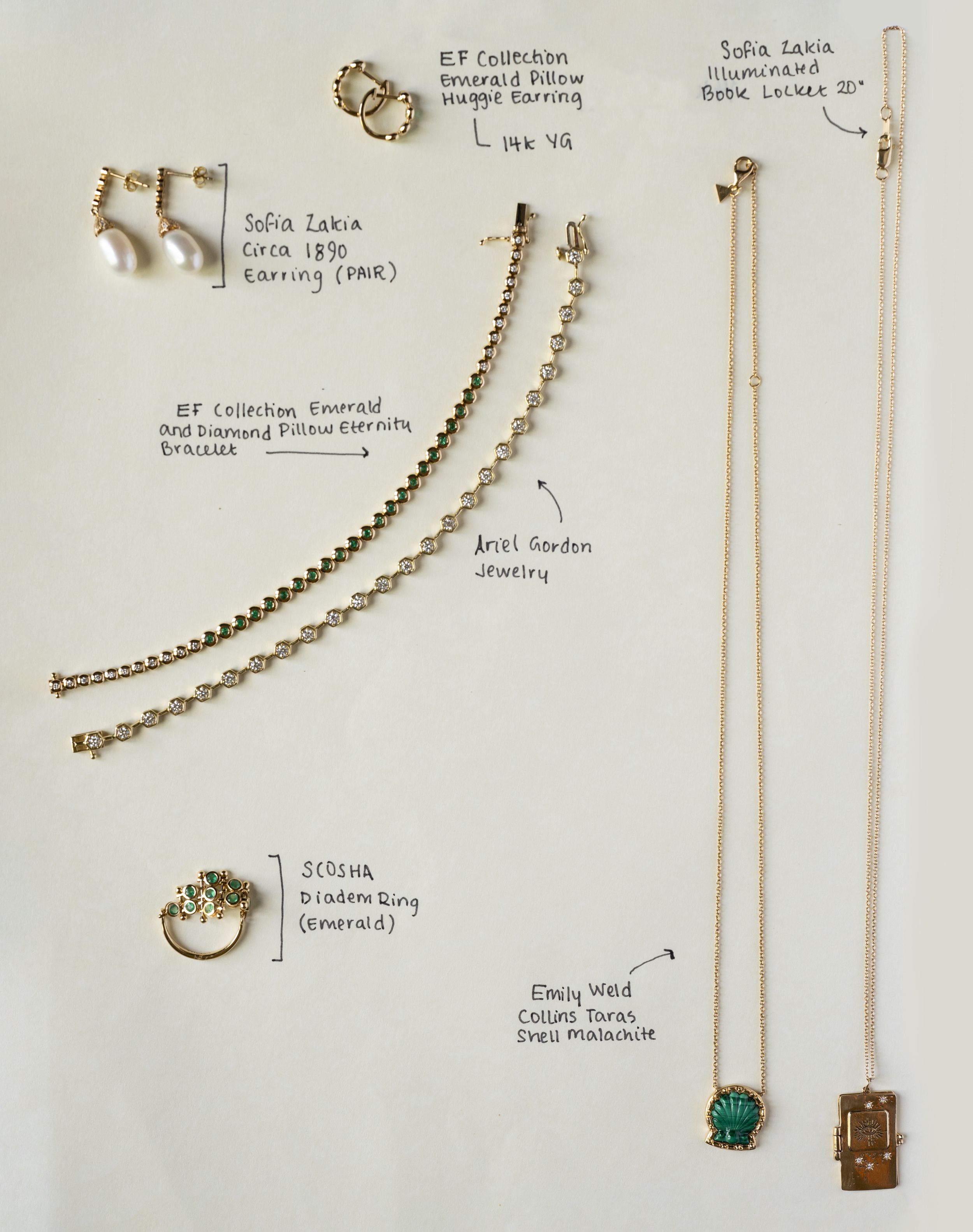 Flat lay of vintage gold jewelry including earrings, bracelet, rings, and necklaces with emerald and malachite stones on white background.