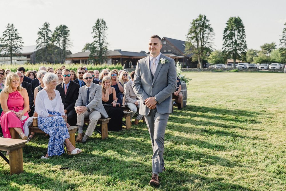 Wedding guests gather on a lush green lawn during an outdoor summer celebration.