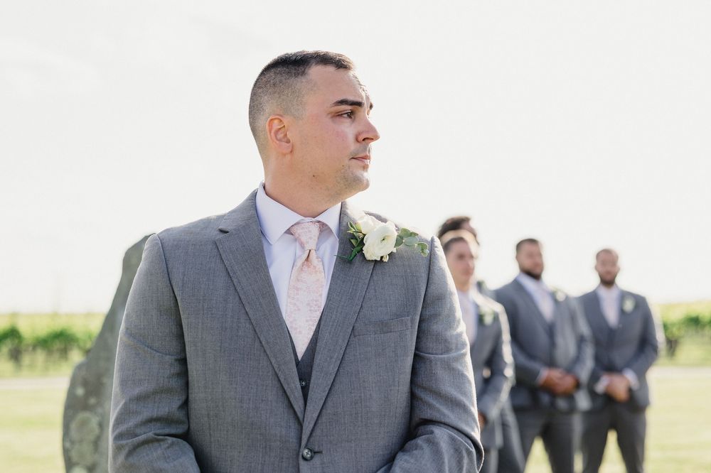 A wedding party in gray suits stands outdoors in a sunny field during a formal celebration.