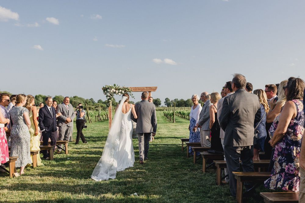 Wedding guests gather outdoors on a sunny day at a rustic venue with wine barrels and green grass.