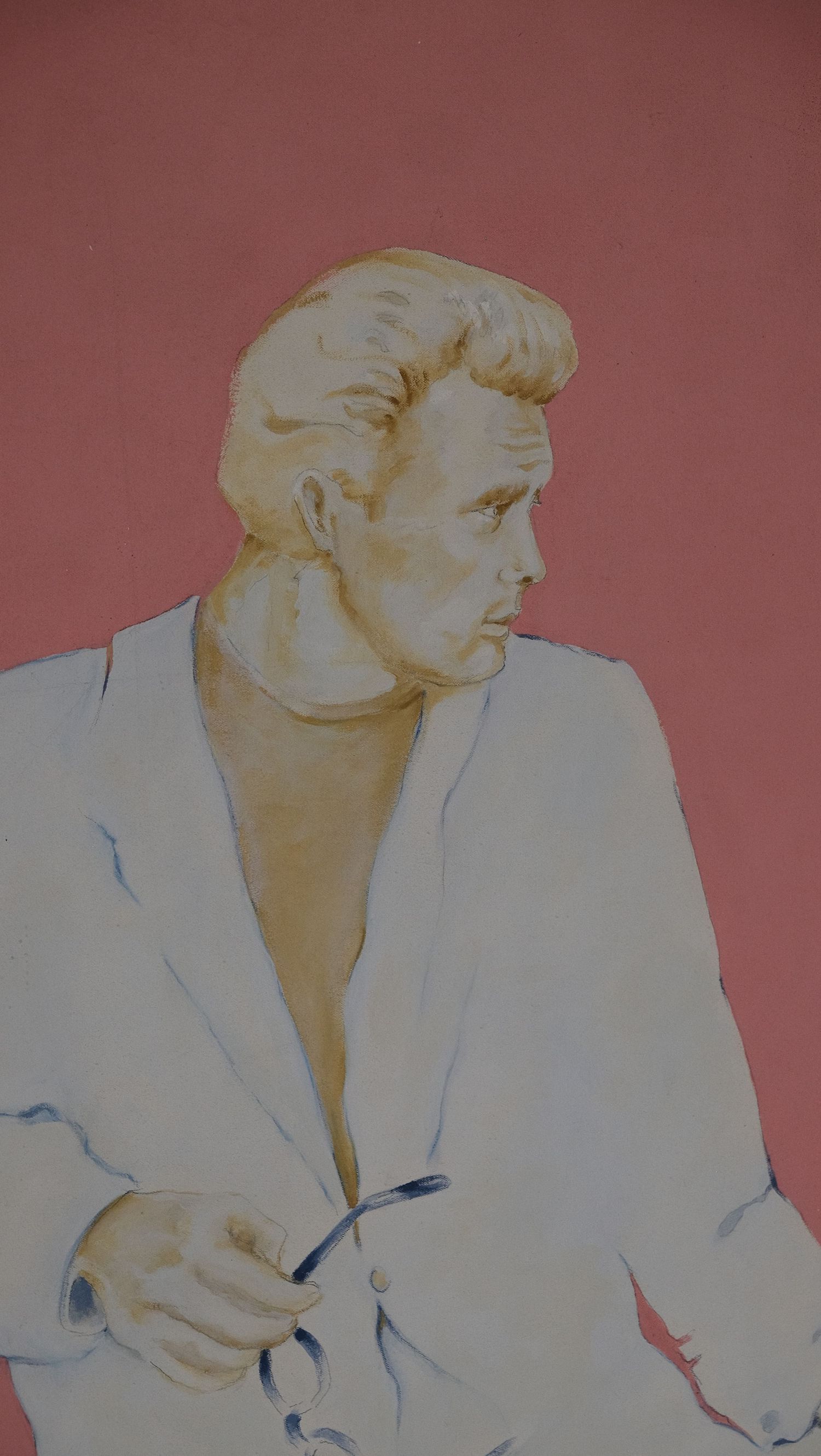 Vintage watercolor portrait painting of a young man in a white jacket against a pink background.