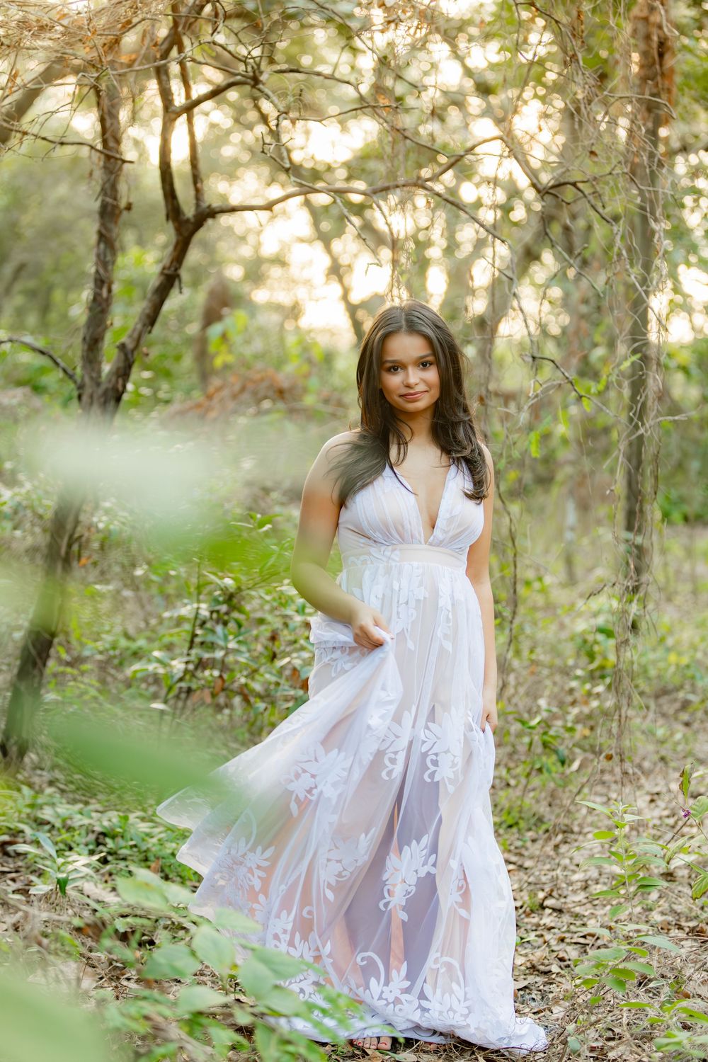 enchanted themed senior portraits at tree tops park with lace dress
