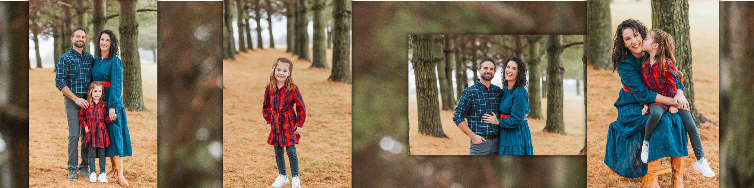 A series of outdoor lifestyle photos showing people walking and posing in a wooded autumn setting with fallen leaves.