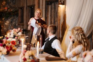 A collage of wedding reception moments showing guests dining and dancing in a rustic wooden venue with elegant decor.