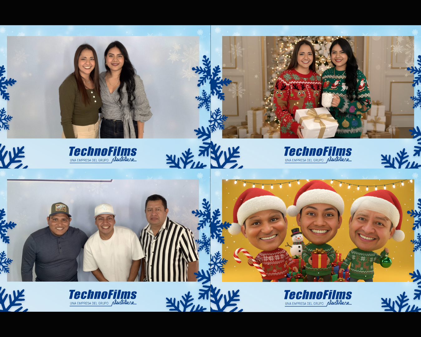 People wearing Santa hats and holiday attire pose together in a festive holiday photo collage.