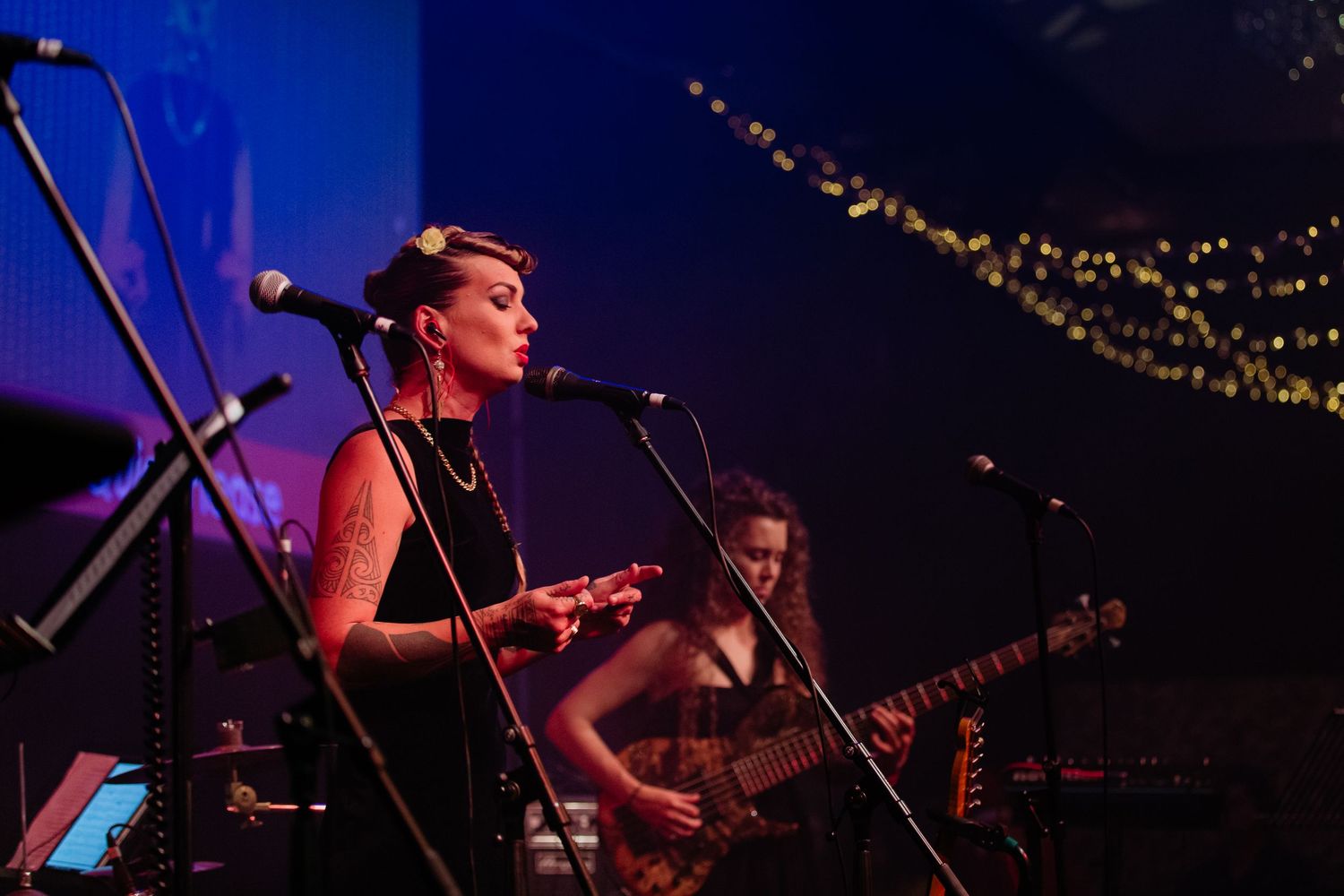 Singer on stage at a corporate event entertaining guests