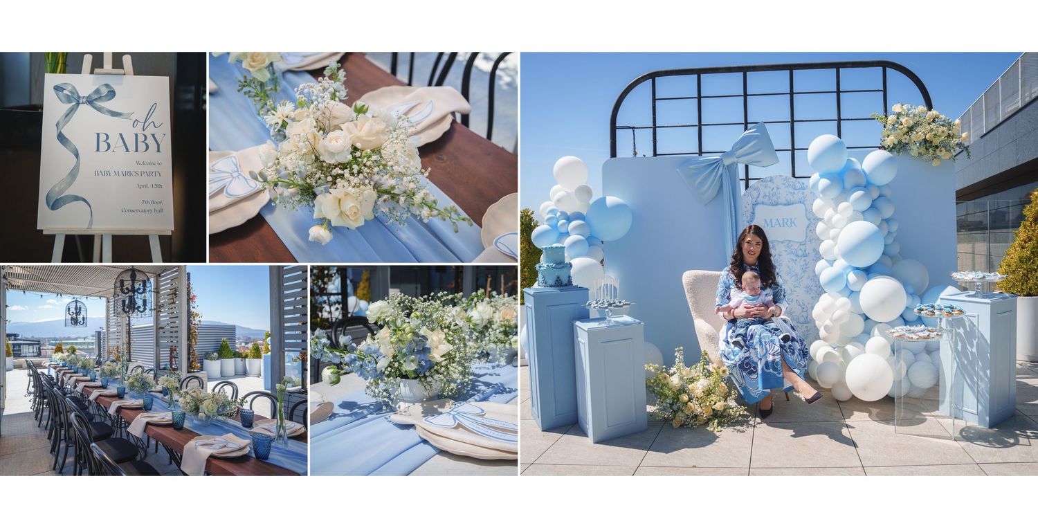Elegant outdoor wedding reception setup with white and blue decor featuring floral arrangements and table settings.