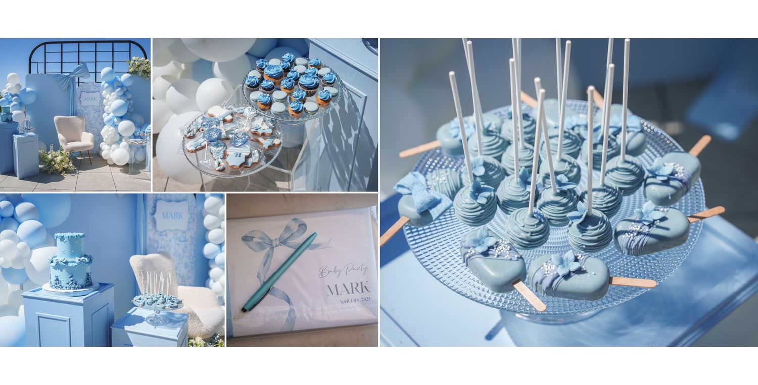 Blue and white themed wedding reception tables decorated with elegant floral centerpieces and crystal glassware.