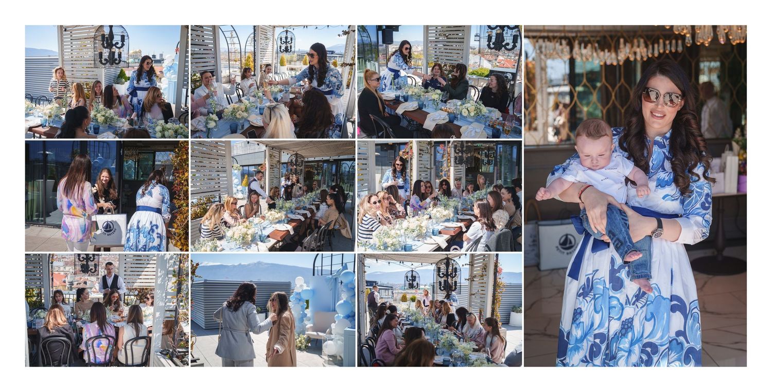 Outdoor wedding celebration with guests dining at decorated tables under a sunny sky.
