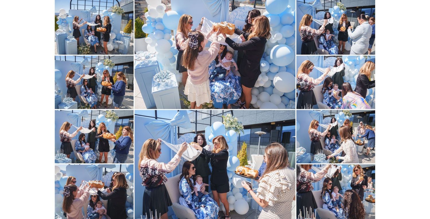 Wedding celebration collage showing guests enjoying festivities with blue bubble decor and dancing.