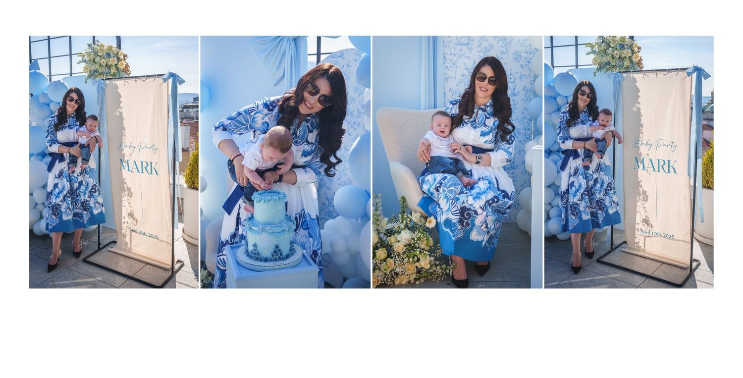 A series of fashion lifestyle photos showcasing blue floral dresses against an urban backdrop with white walls and doors.