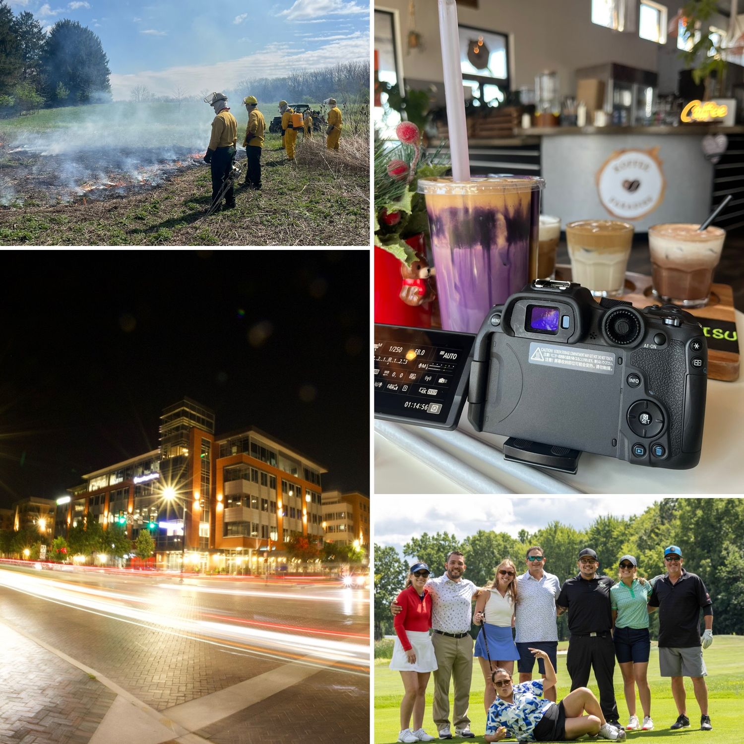 A collage featuring firefighters at a controlled burn, city nightlife, coffee drinks, a camera, and a group of golfers.