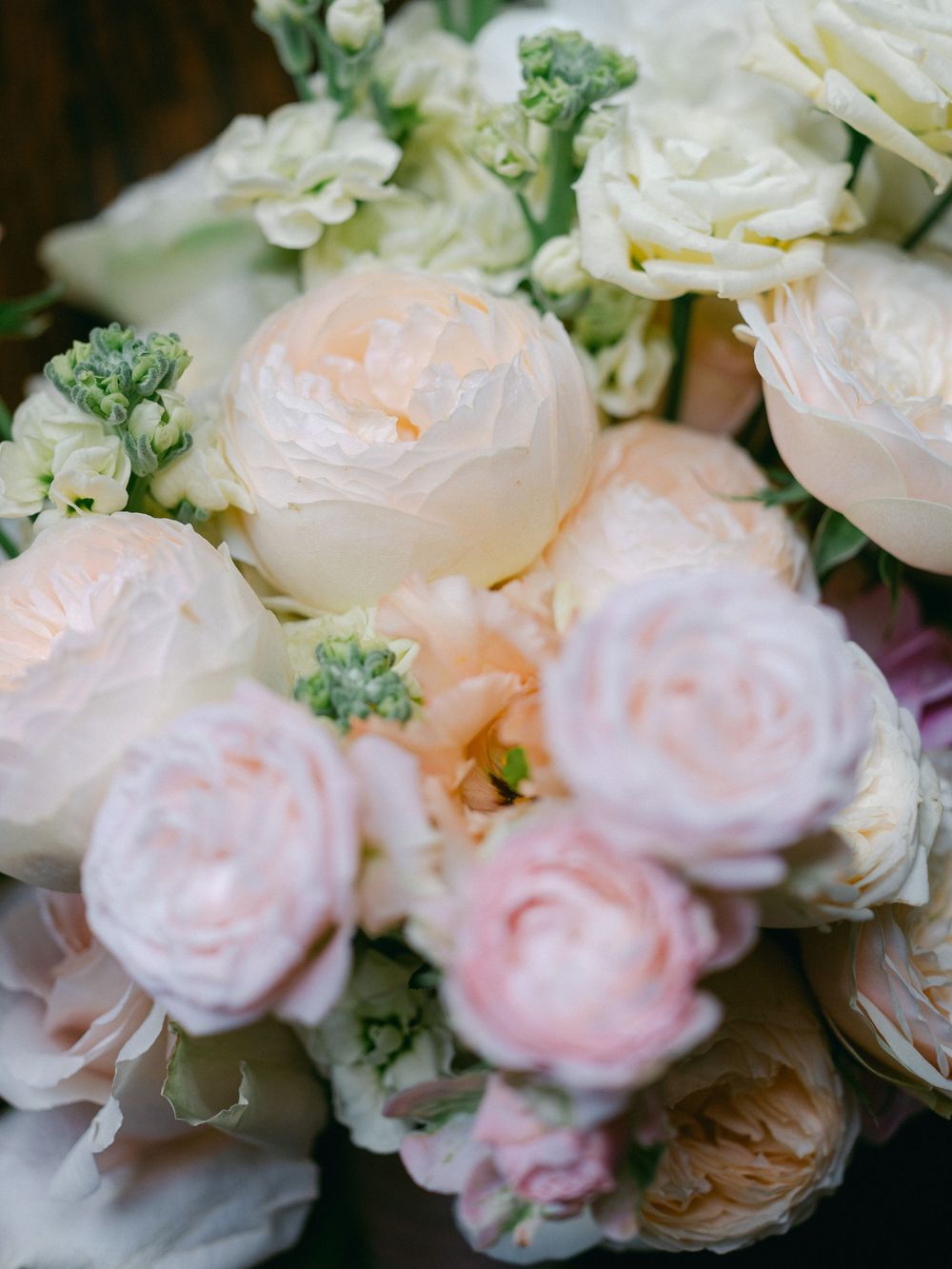 Romantic bridal bouquet featuring blush pink roses and cream peonies with delicate white blooms.