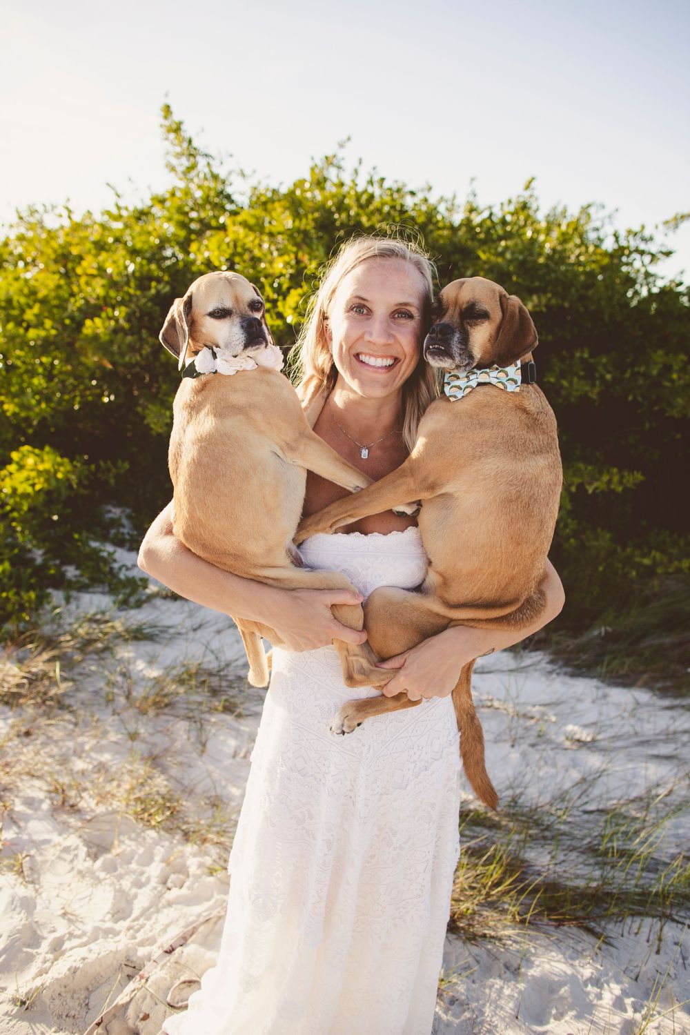 A person in a white dress holds two adorable puggle dogs on a sunny beach with green foliage in the background.