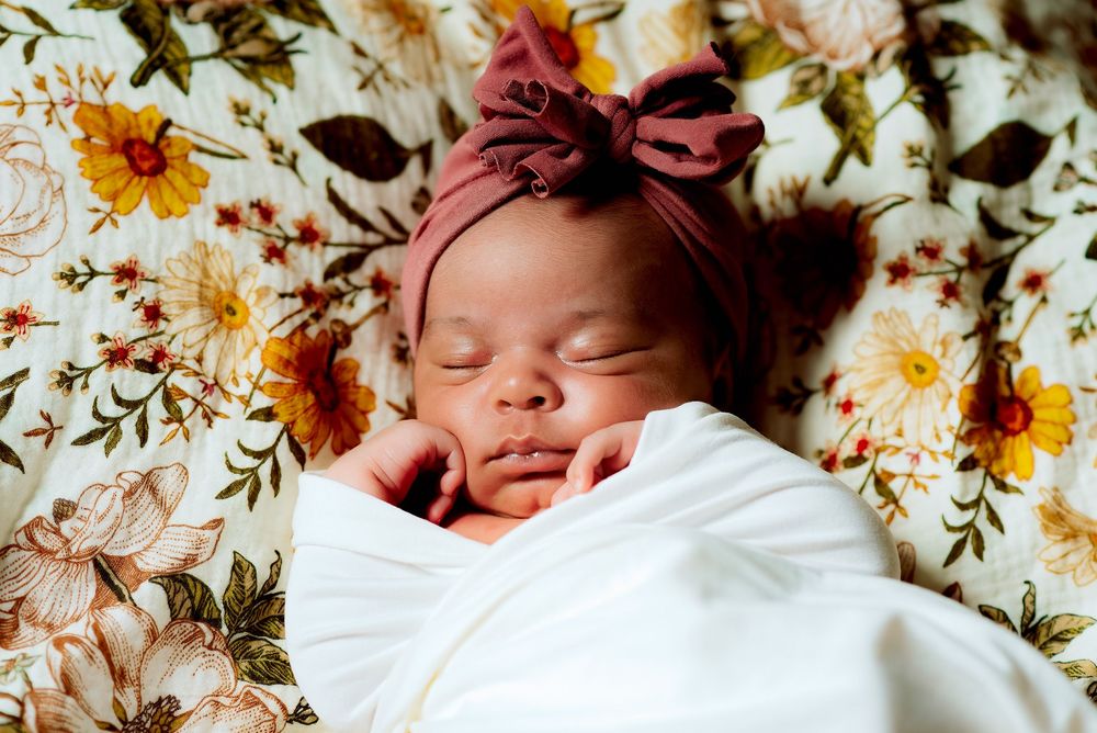 a newborn little baby girl with a big beautiful hair bow posed on flowery blankets
