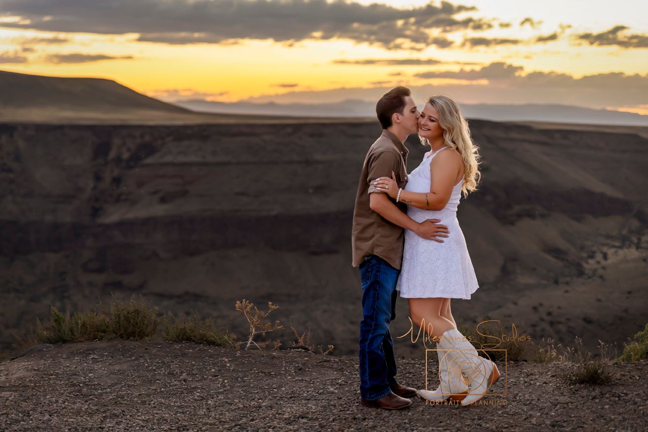 Engagement photos at sunset Swan Falls Dam Kuna, Idaho Milestones Portraits