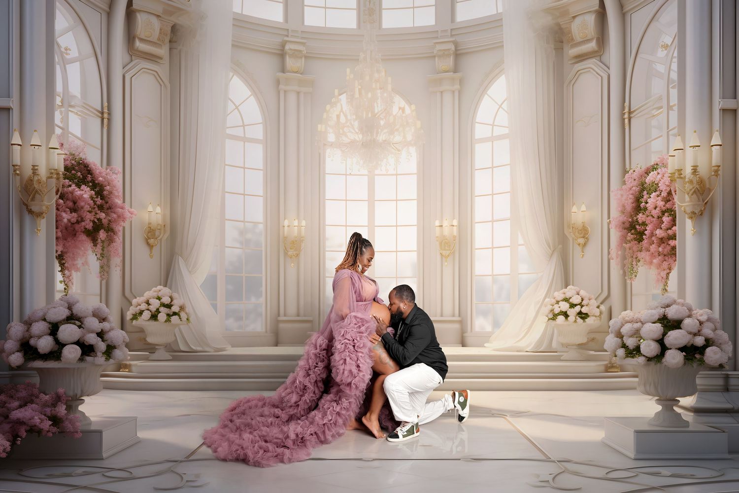 A romantic scene in a grand ballroom with white marble columns and pink floral arrangements.