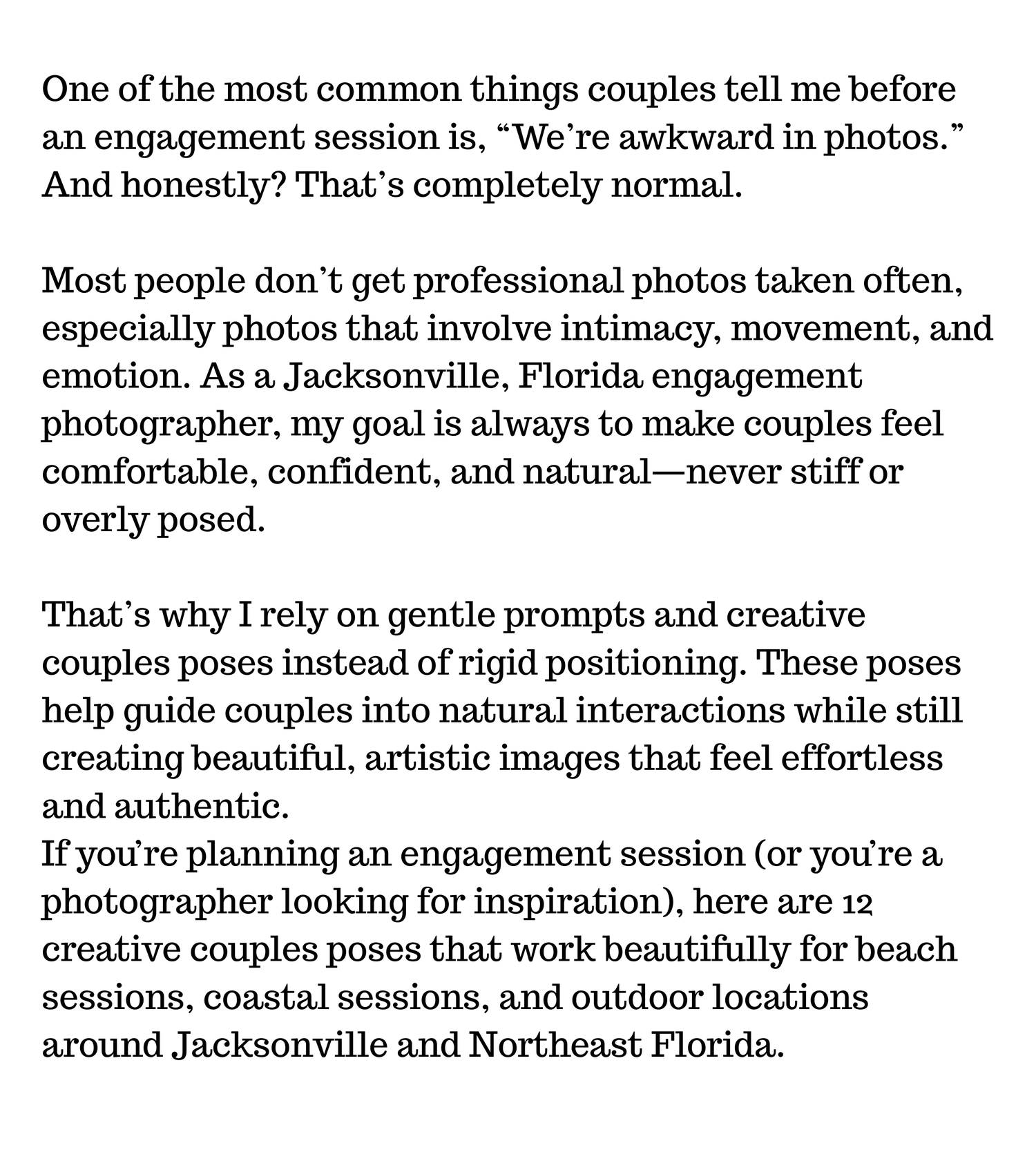 Text snippets about engagement photography sessions appear on a white background with black text.