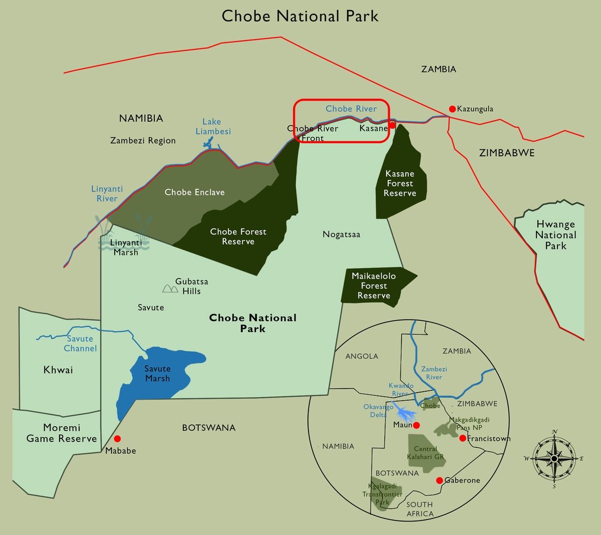 Map showing the location and boundaries of Chobe National Park in Botswana with surrounding regions and landmarks.