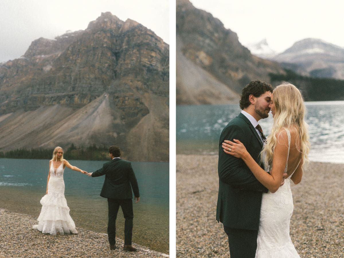 bride and groom kiss beside a mountain lake during their Banff elopement