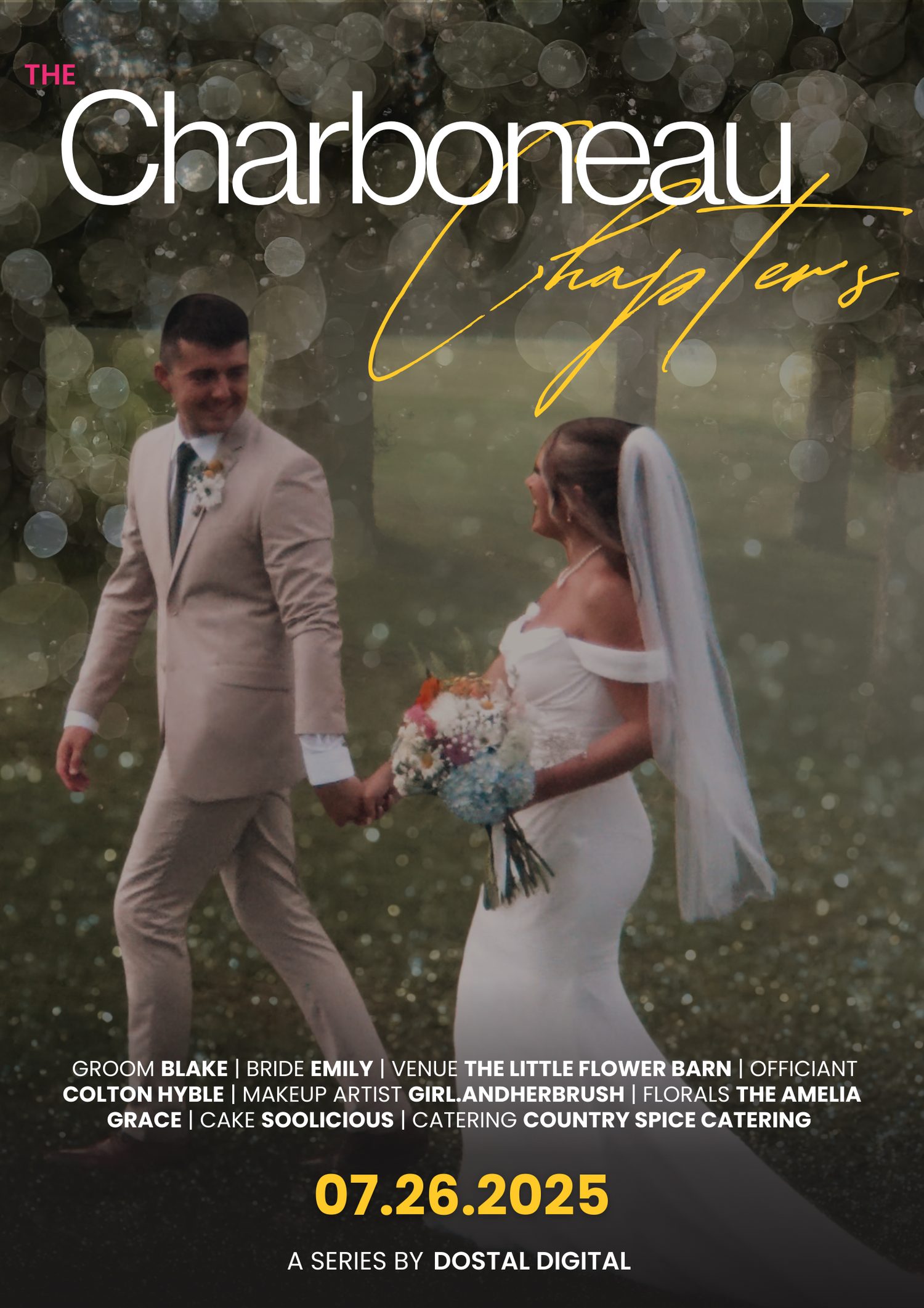 A wedding couple holds hands in a garden setting with bokeh lights and text overlay for a Charbonneau event.
