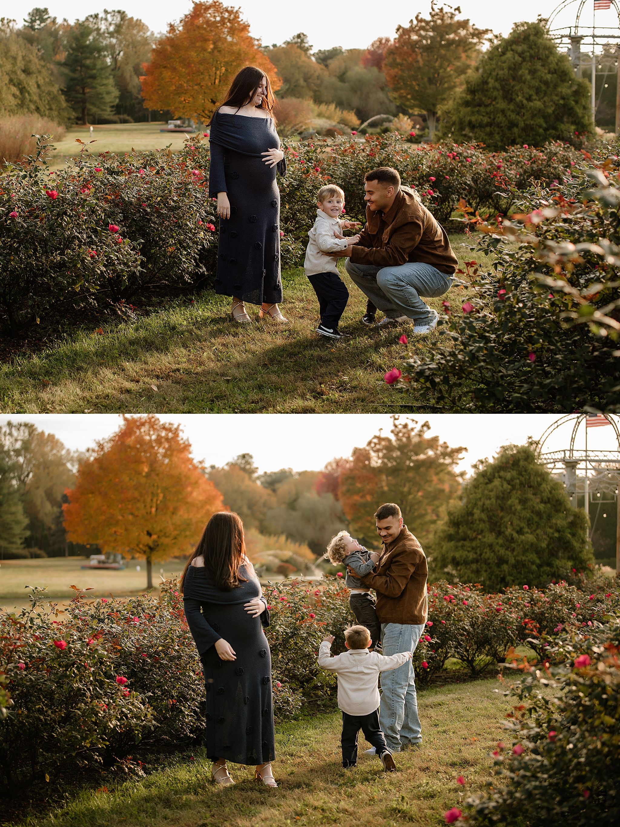 A family enjoys a tender autumn moment together in a garden with blooming roses and fall foliage in the background.