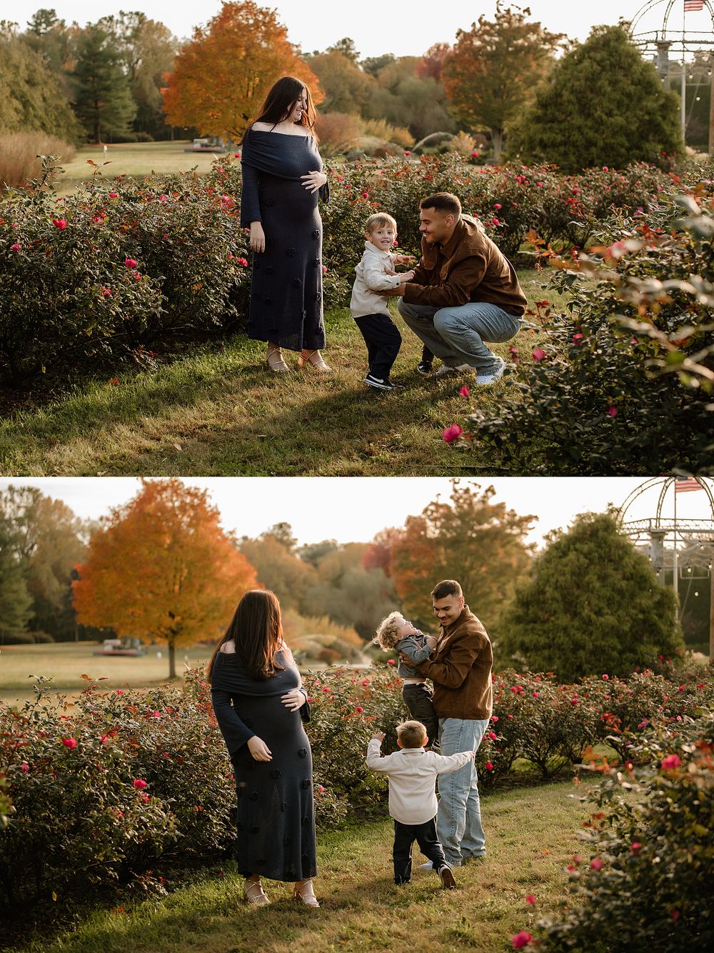 A family enjoys a tender autumn moment together in a garden with blooming roses and fall foliage in the background.