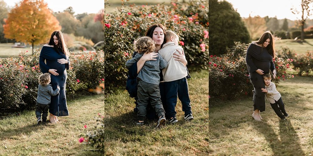 A series of candid outdoor engagement photos showing a couple embracing in a golden autumn setting.